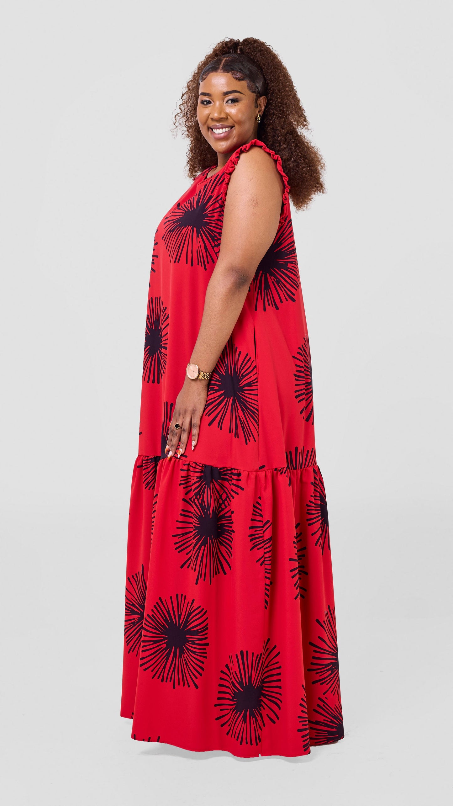 Vivo Ava Tent Flounce Maxi Dress - Red / Navy Sella Print