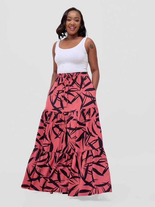 Vivo Serwa Tiered Maxi Skirt - Coral / Black Wera Print
