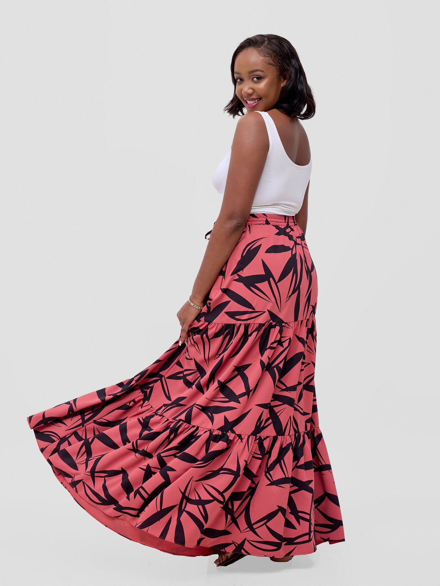 Vivo Serwa Tiered Maxi Skirt - Coral / Black Wera Print