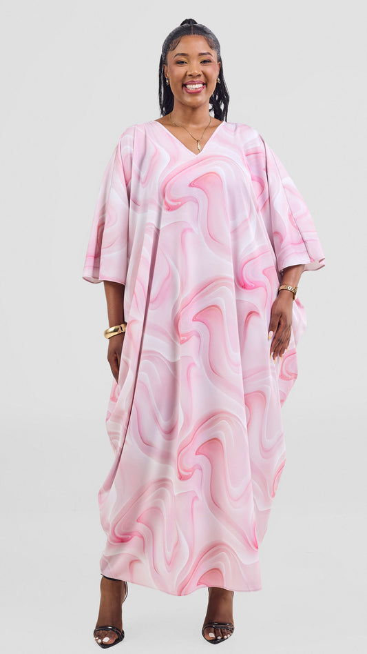 Vivo Keza V Neck Light Maxi Kaftan - Dusty Pink / Off White Print