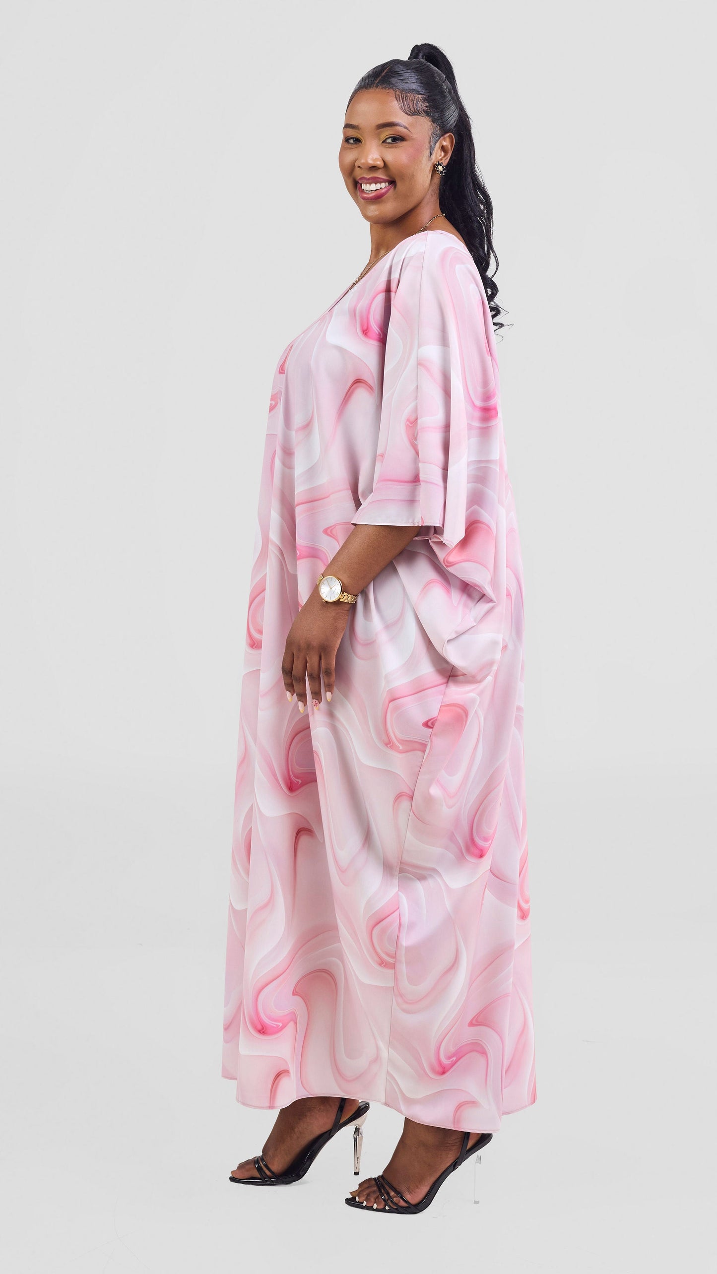 Vivo Keza V Neck Light Maxi Kaftan - Dusty Pink / Off White Print