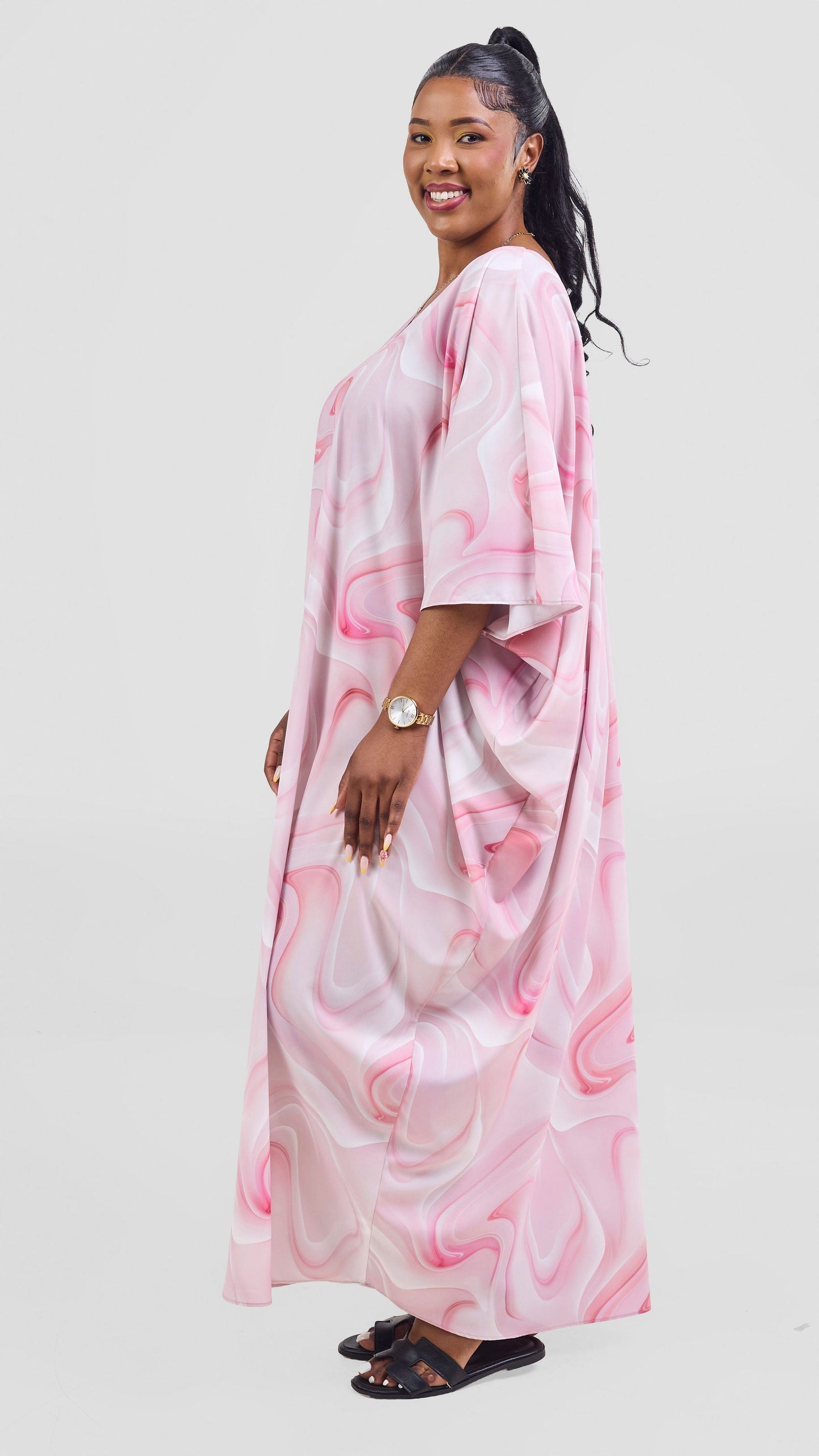 Vivo Keza V Neck Light Maxi Kaftan - Dusty Pink / Off White Print