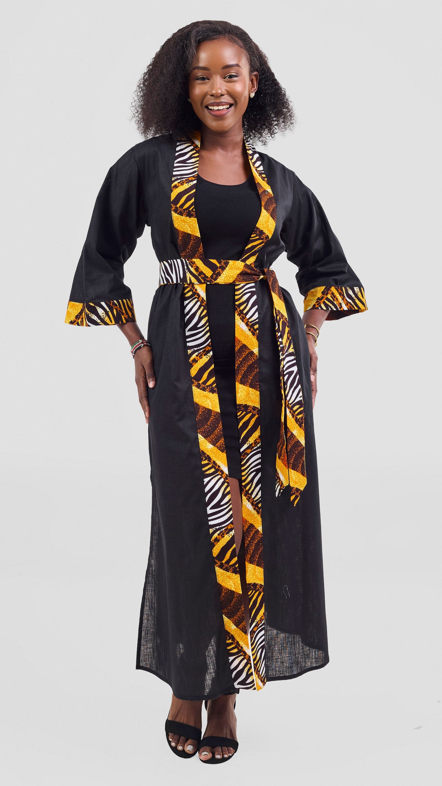 Safari Tafari High Slit Kimono - Black / Luena Print