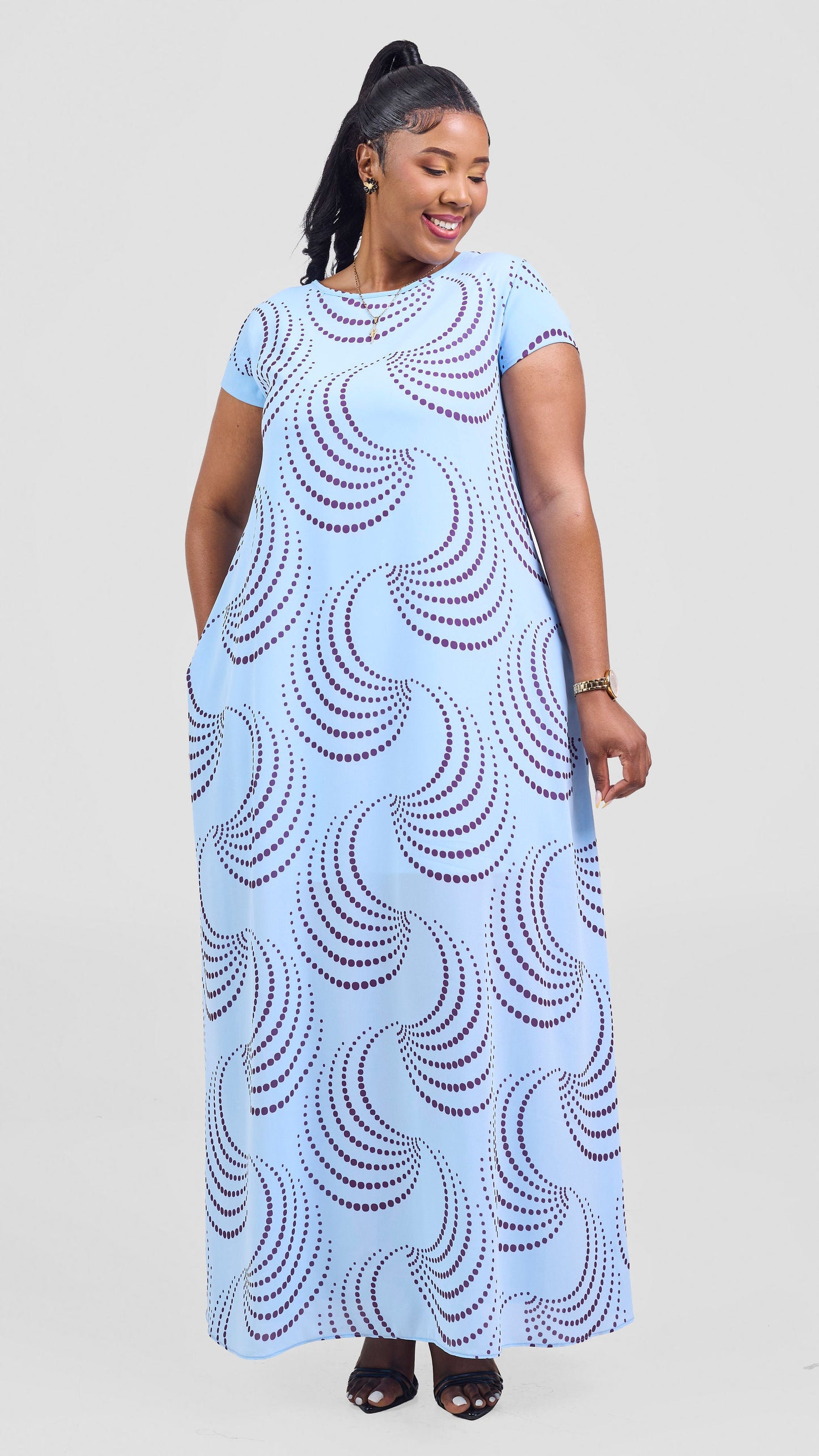 Vivo Basic Cap Sleeve Chiffon Maxi Dress - Light Blue / Purple Sinka Print
