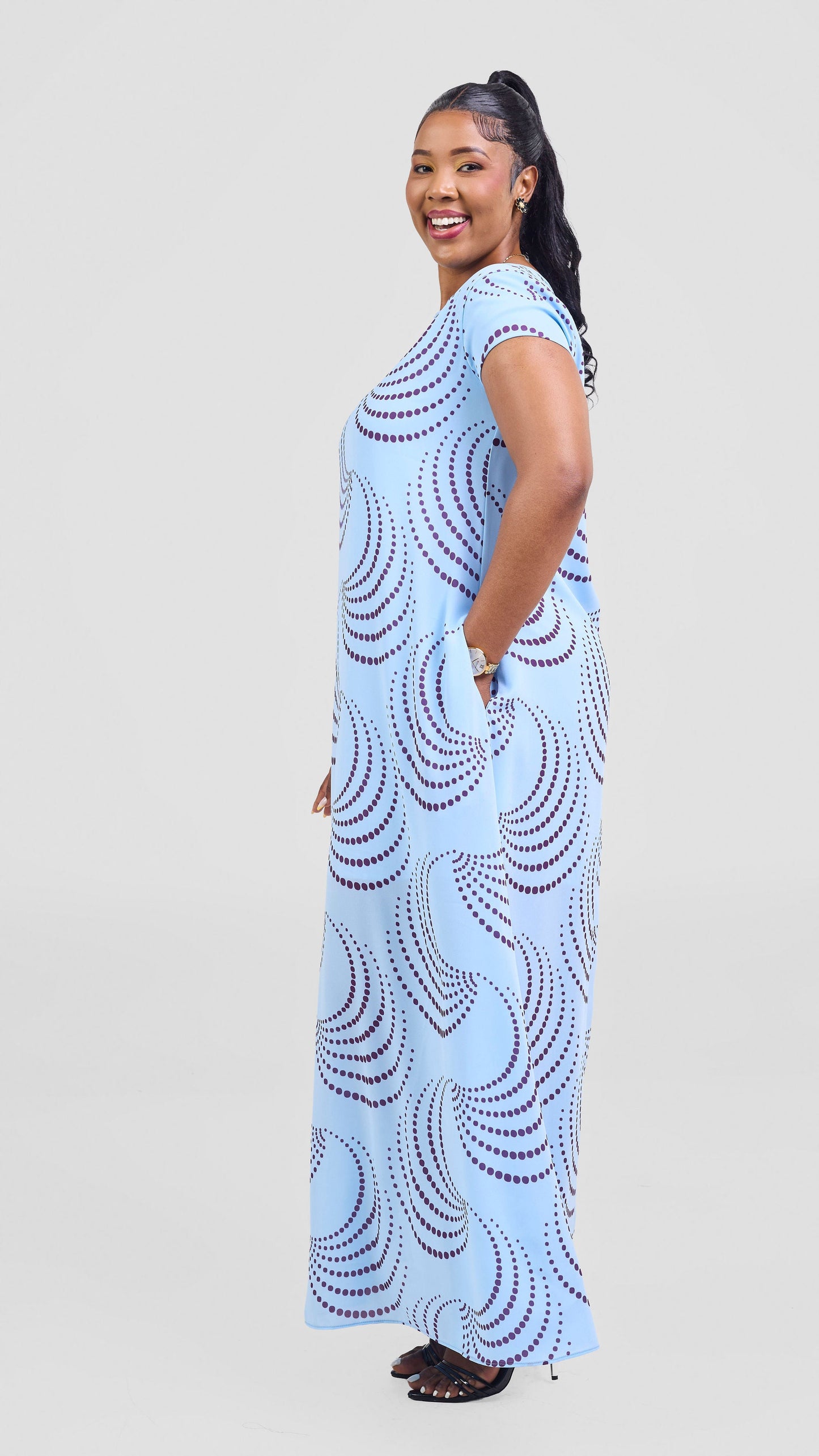 Vivo Basic Cap Sleeve Chiffon Maxi Dress - Light Blue / Purple Sinka Print
