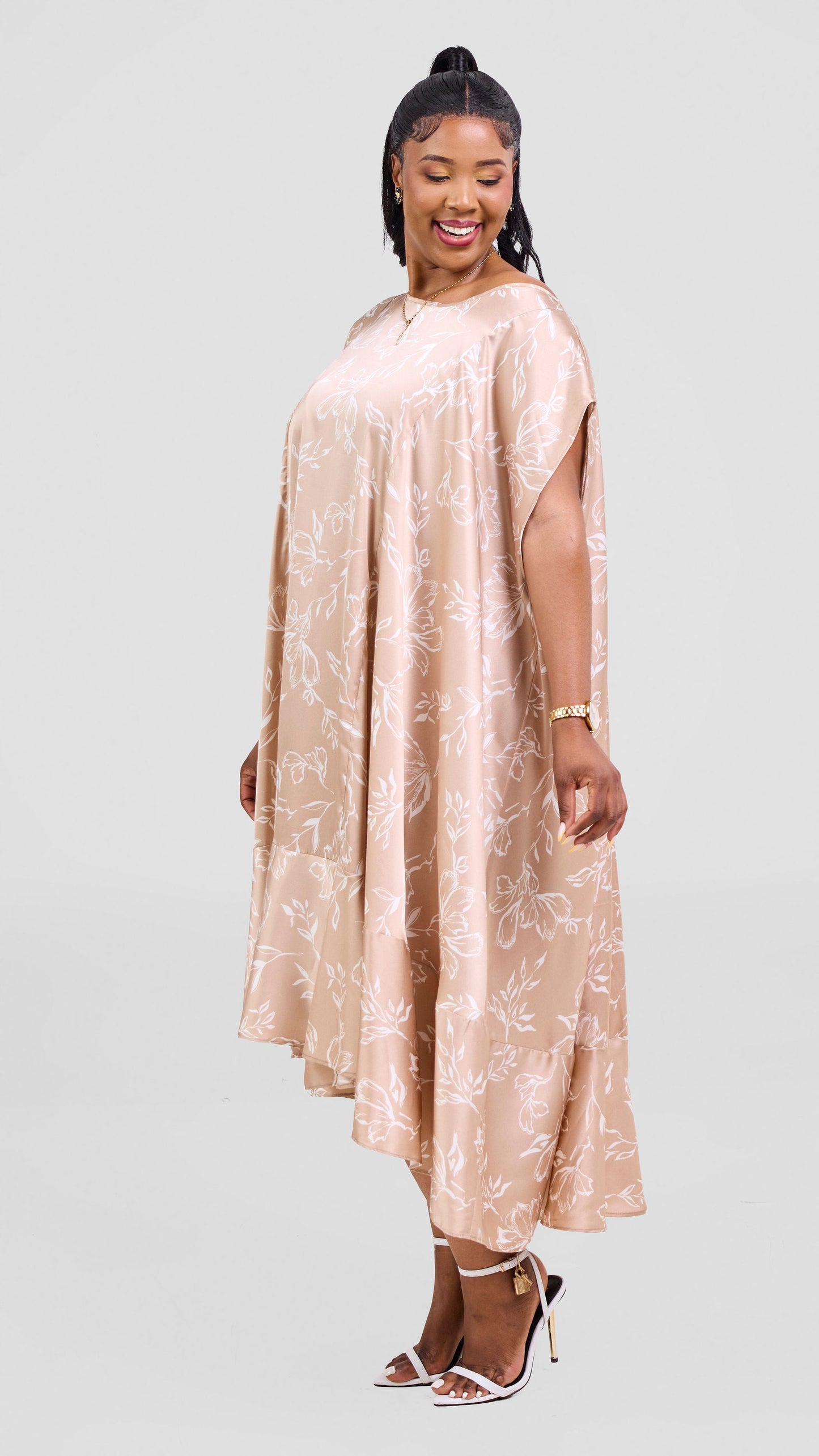 Vivo Samira Cape Dress - Taupe / White Print