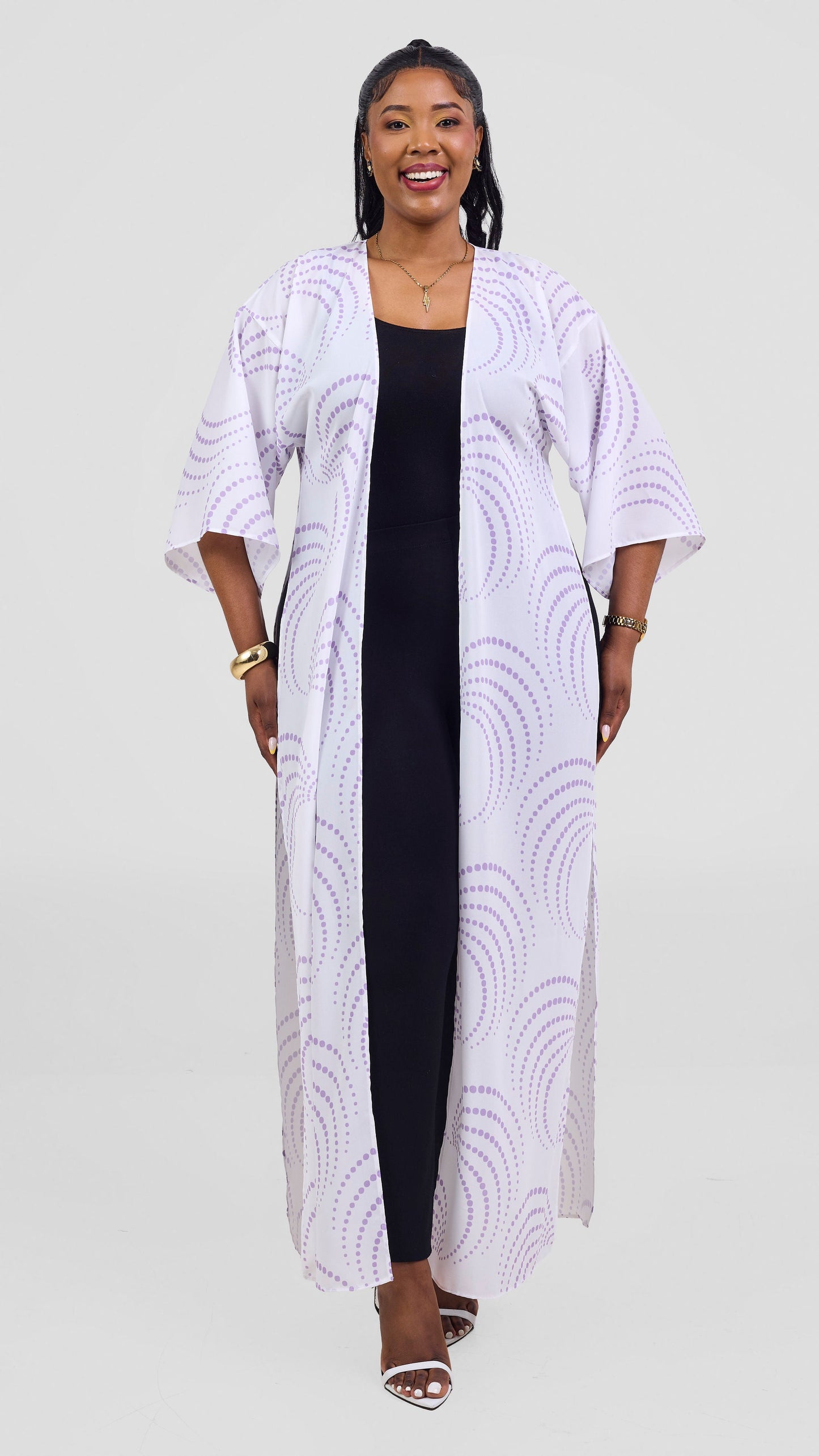 Vivo Nandi High Slit Kimono - White / Lilac Sinka Print