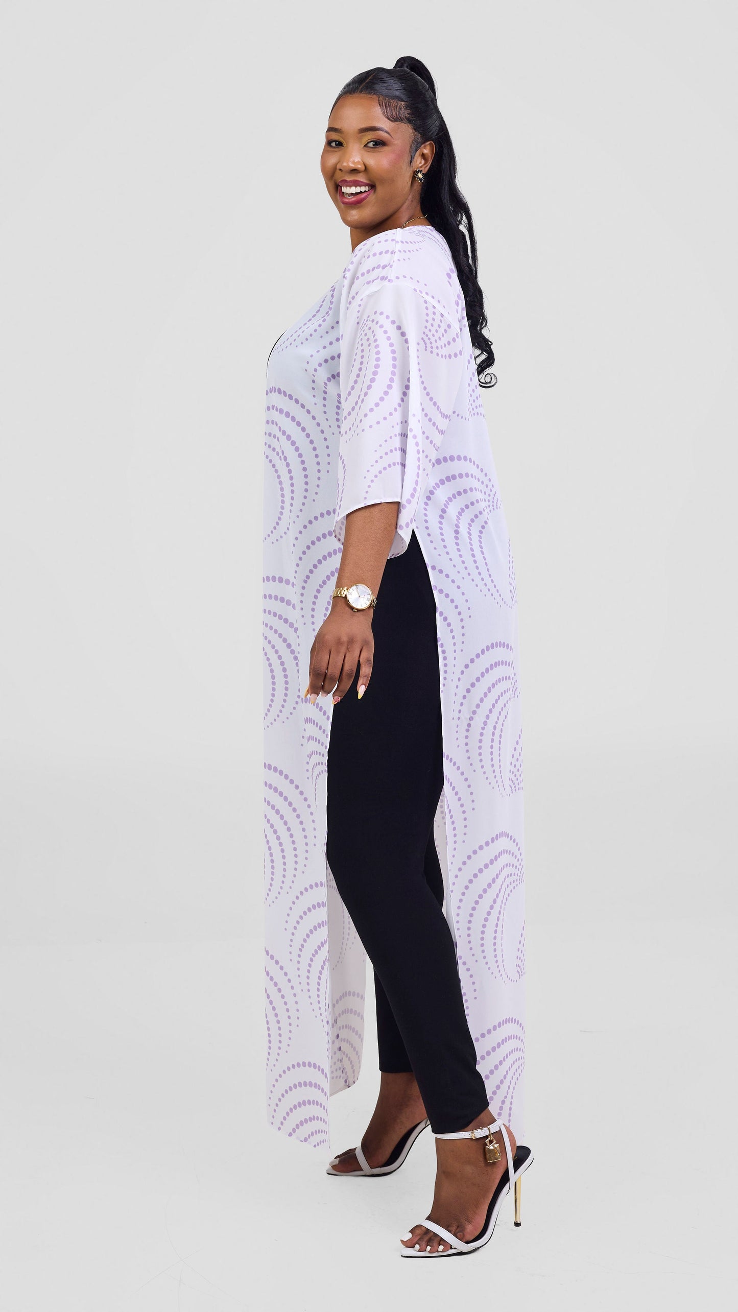 Vivo Nandi High Slit Kimono - White / Lilac Sinka Print