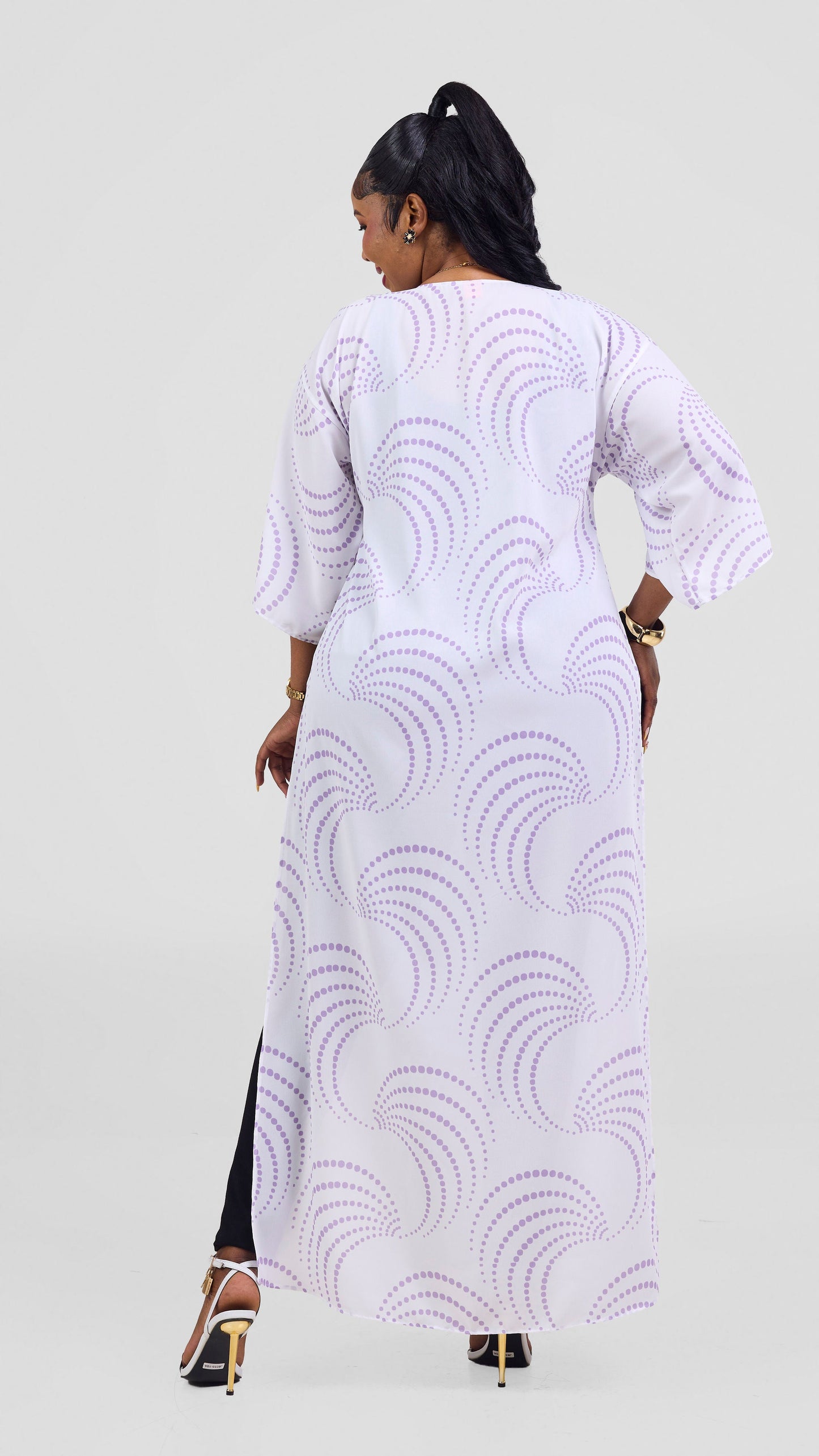 Vivo Nandi High Slit Kimono - White / Lilac Sinka Print