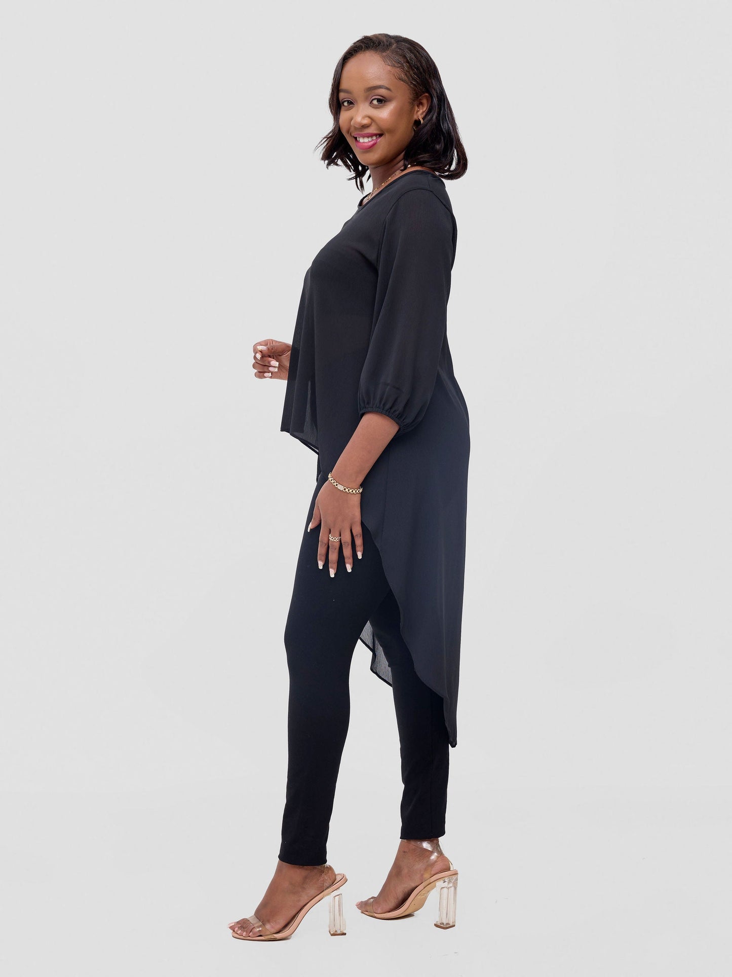 Vivo Basic Nalia High-low Chiffon Top - Black Textured