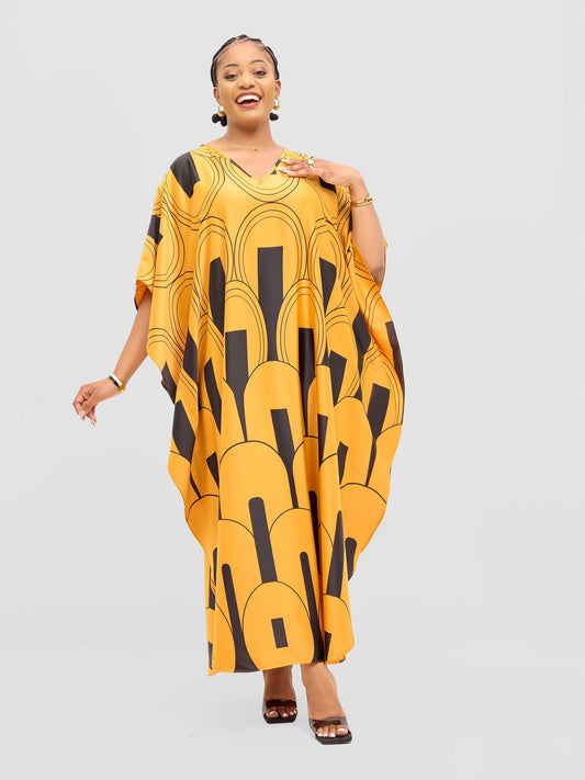 Vivo Amai Maxi Kaftan Dress - Mustard / Black Lango Print