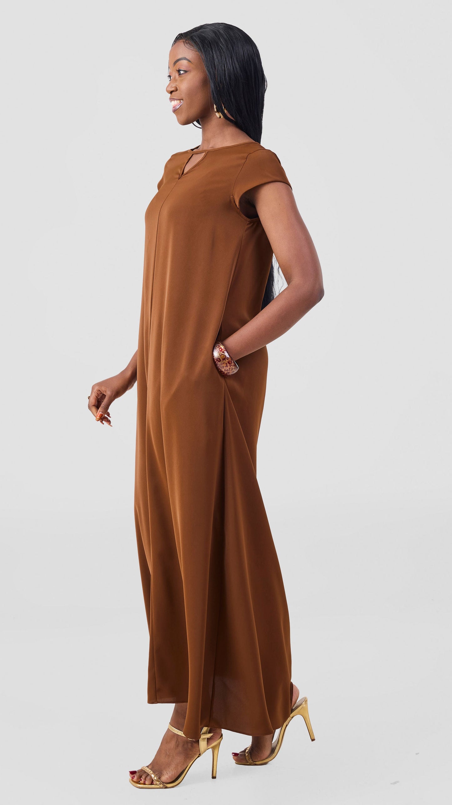 Vivo Sakari Cap Sleeve Maxi Dress - Brown