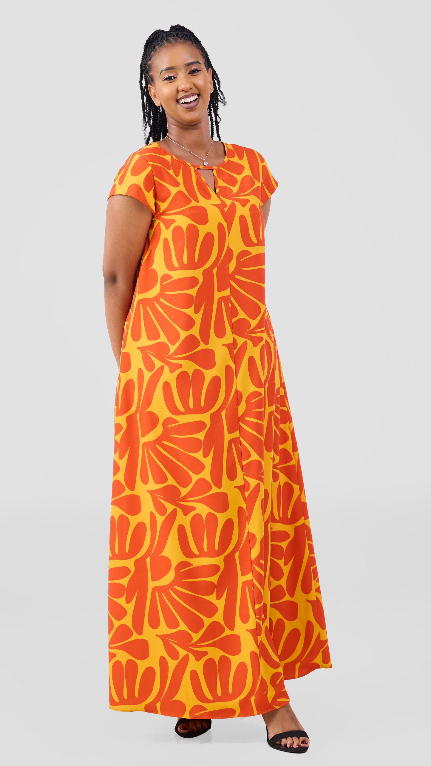 Vivo Sakari Cap Sleeve Maxi Dress - Mustard / Orange Amari Print