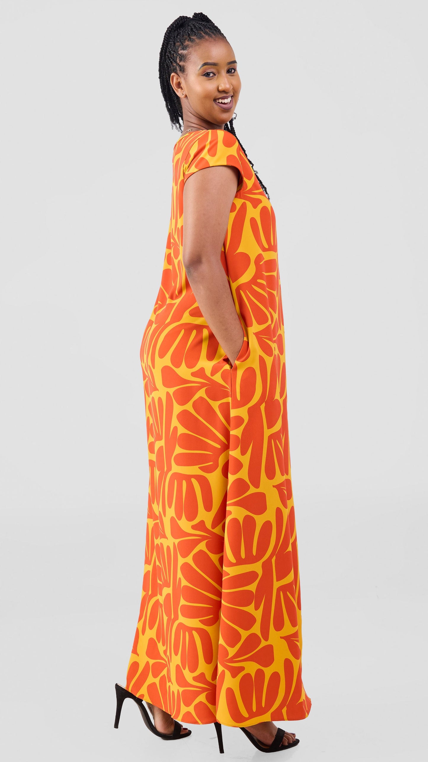 Vivo Sakari Cap Sleeve Maxi Dress - Mustard / Orange Amari Print