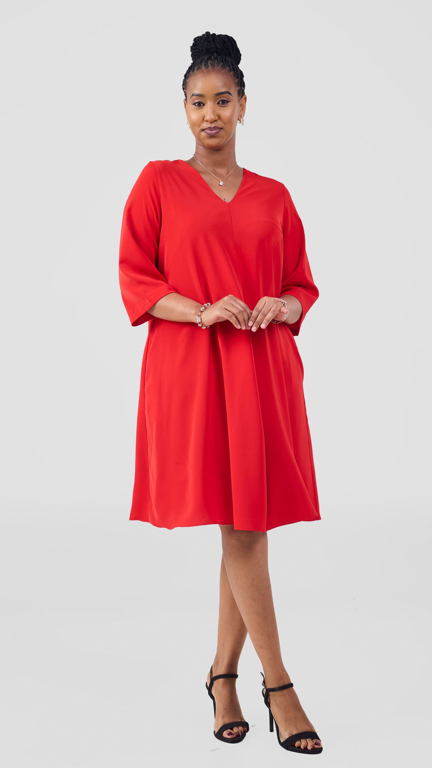 Vivo Kani 3/4 Sleeve Knee Length Dress - Red