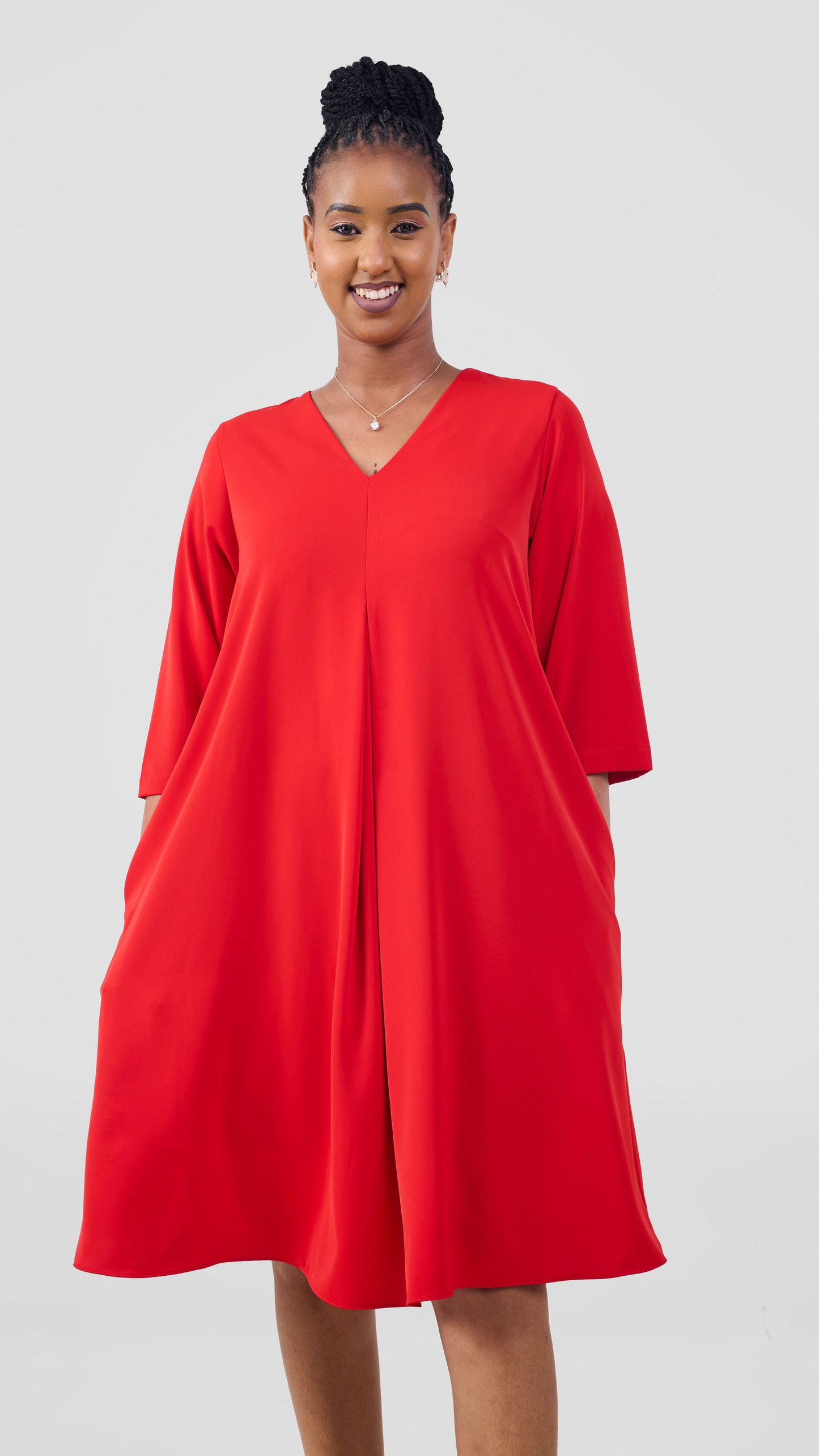 Vivo Kani 3/4 Sleeve Knee Length Dress - Red