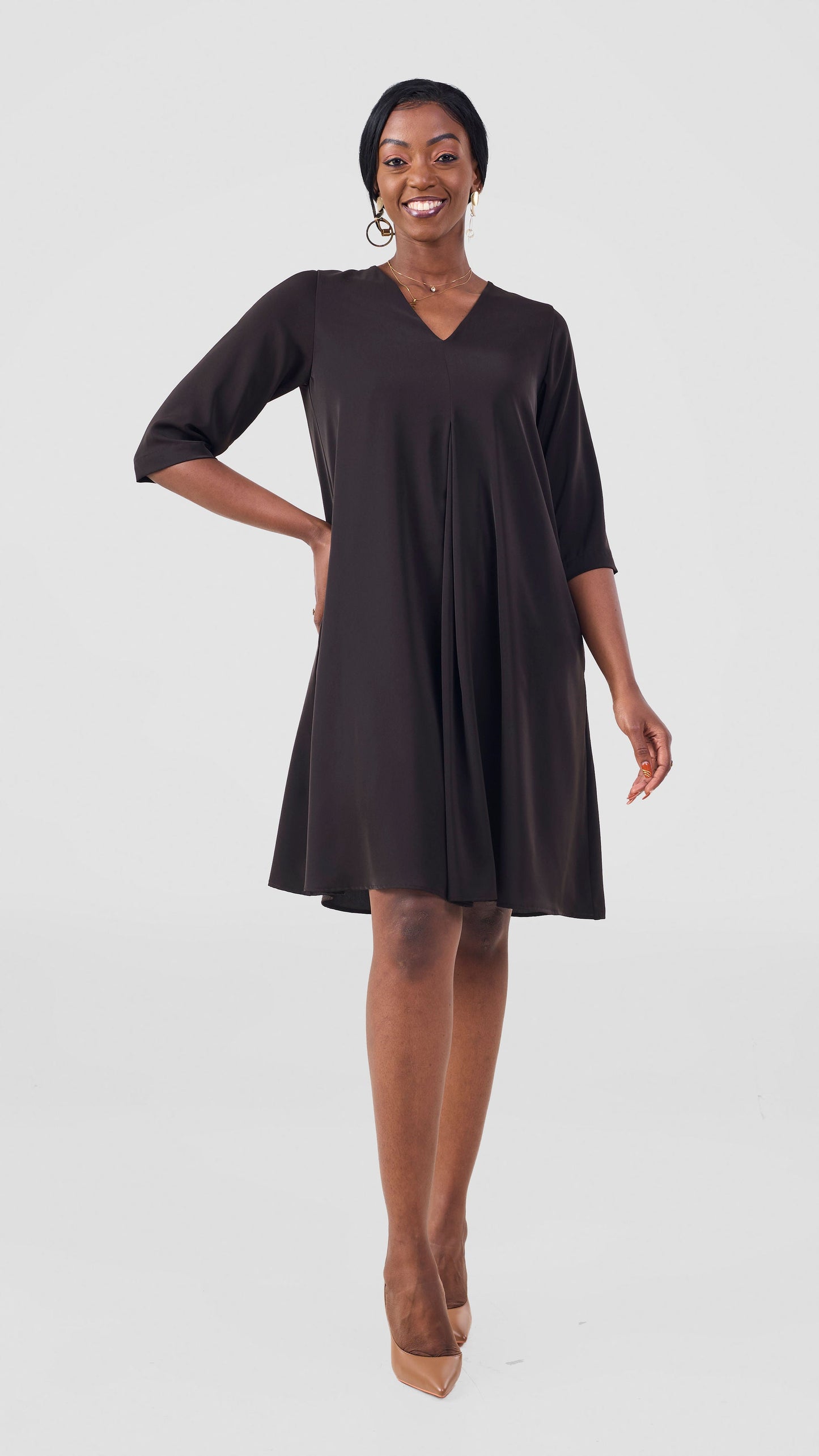 Vivo Kani 3/4 Sleeve Knee Length Dress - Chocolate