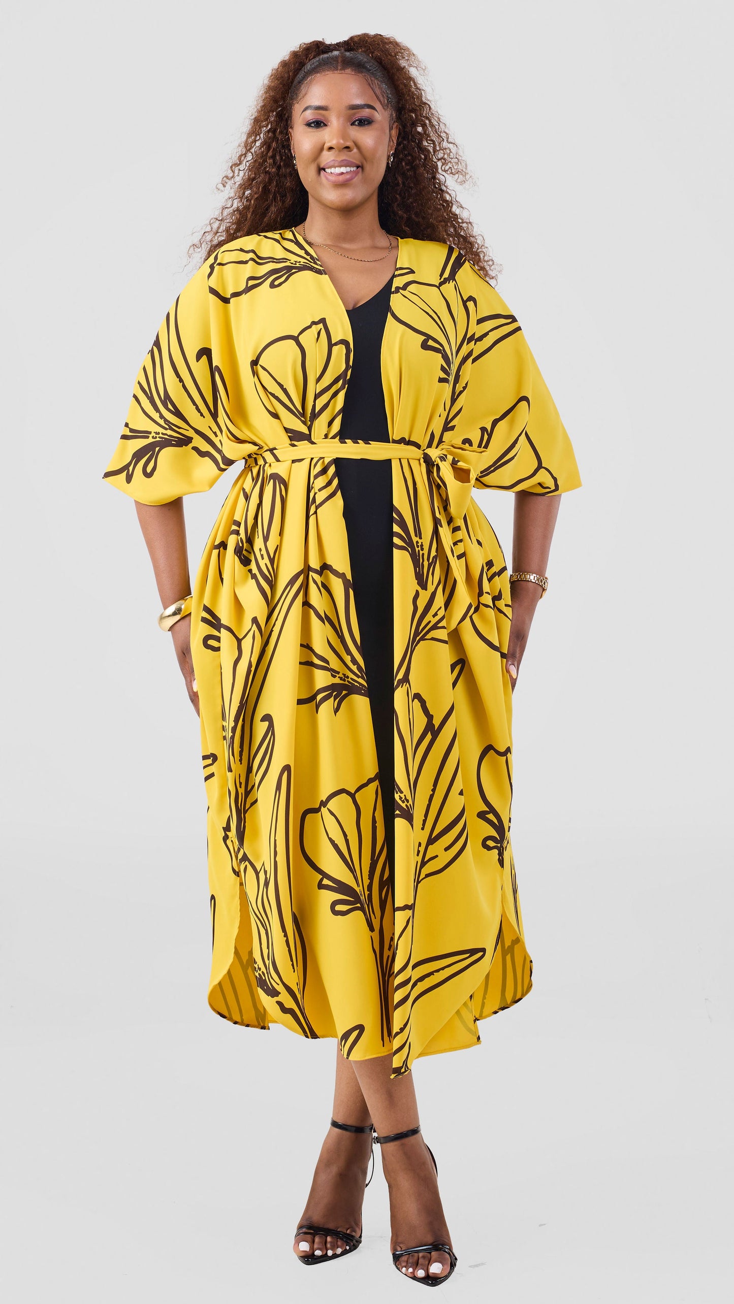 Vivo Basic Open Kaftan - Yellow / Chocolate Print