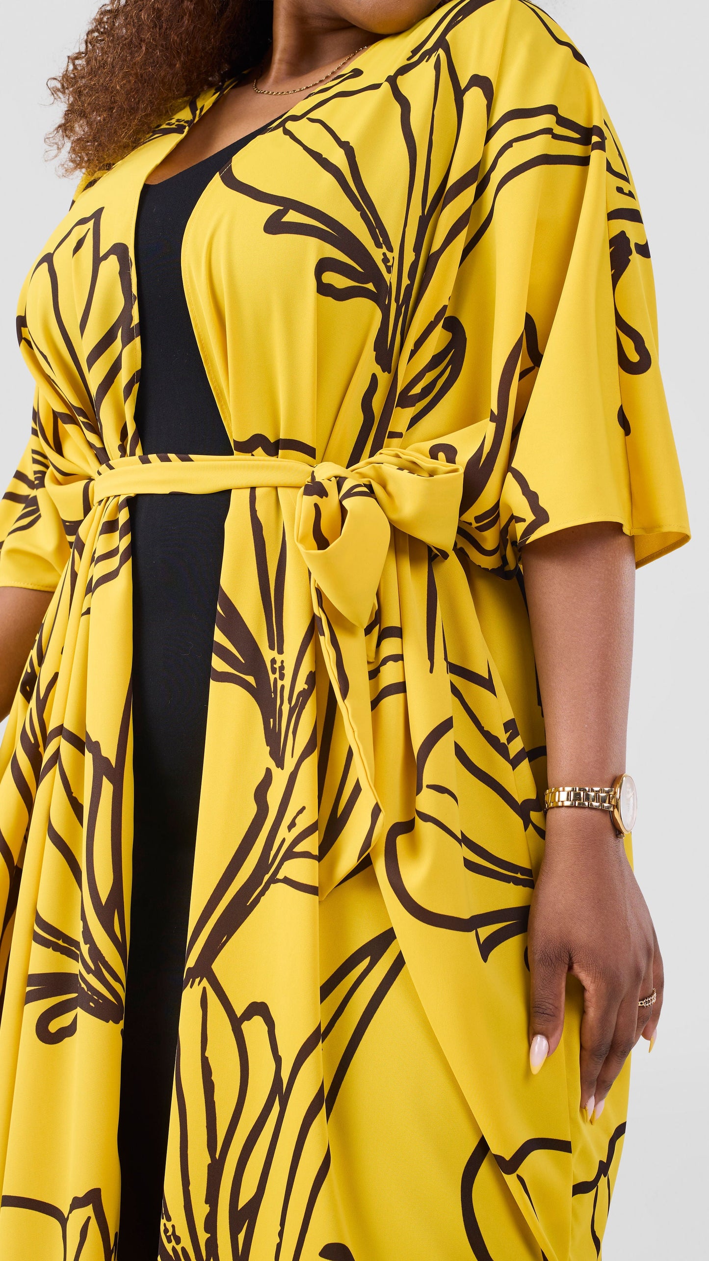 Vivo Basic Open Kaftan - Yellow / Chocolate Print