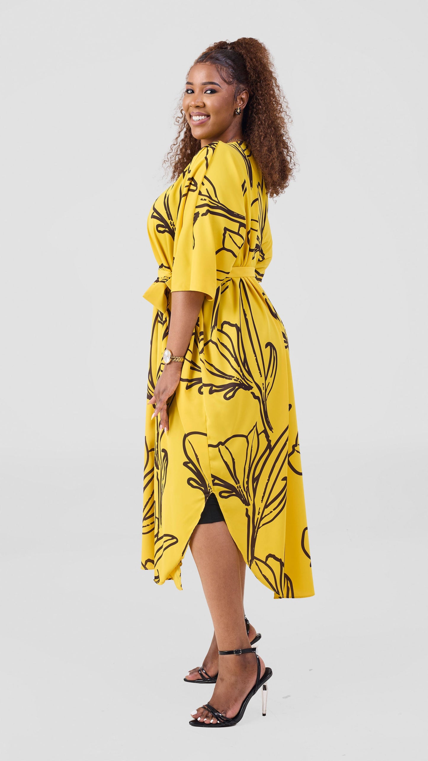 Vivo Basic Open Kaftan - Yellow / Chocolate Print
