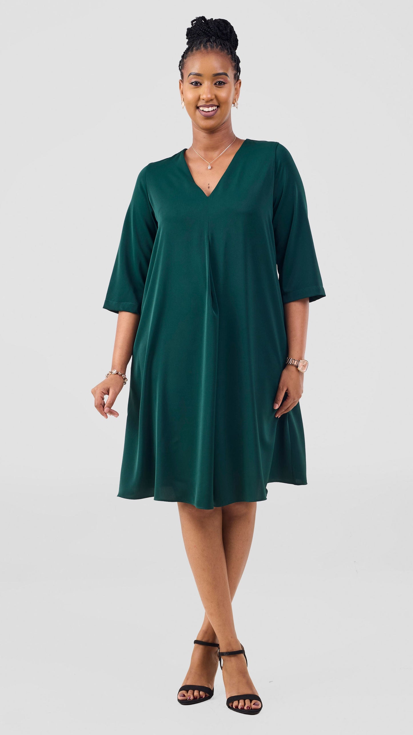 Vivo Kani 3/4 Sleeve Knee Length Dress - Dark Green