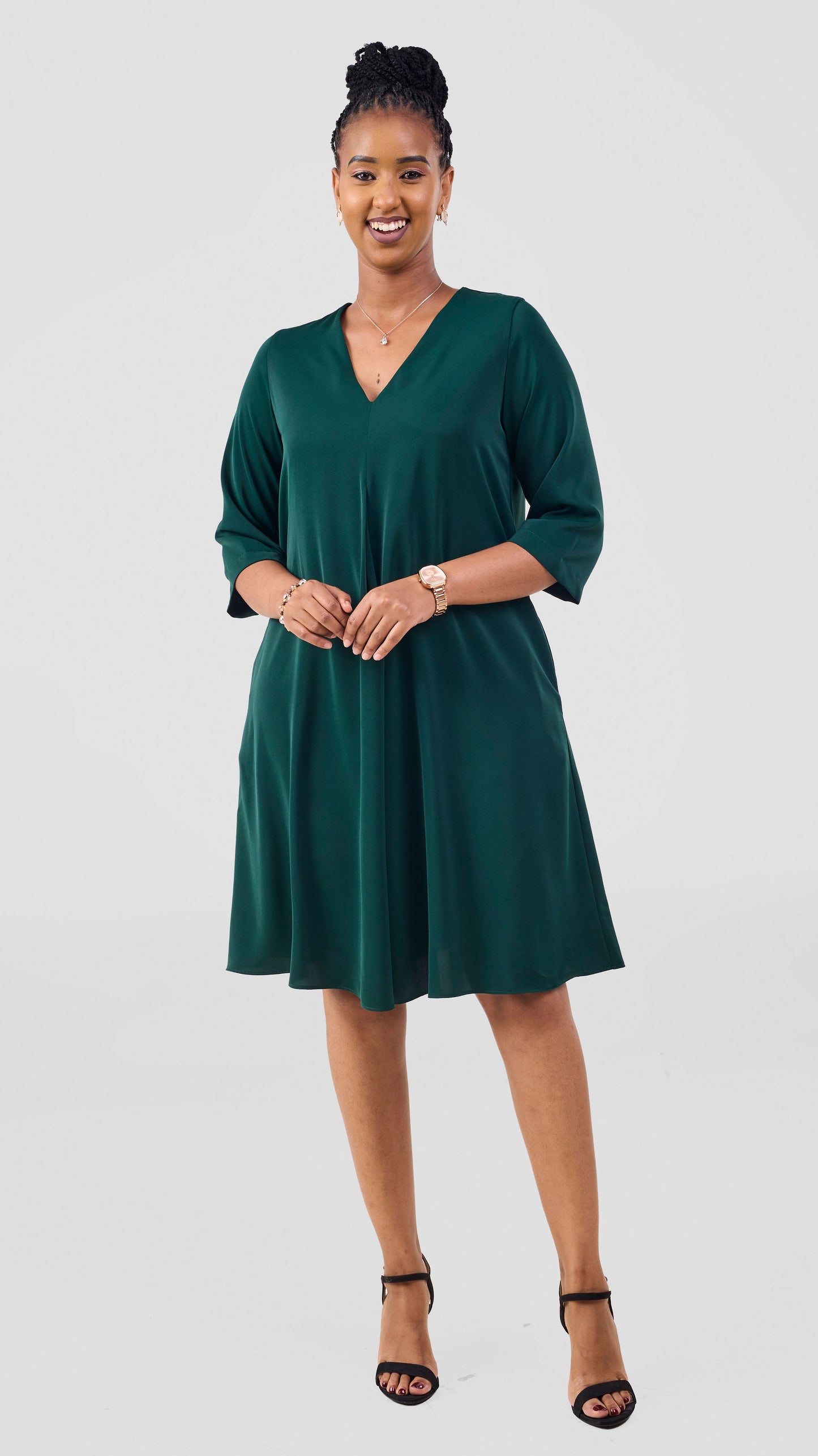 Vivo Kani 3/4 Sleeve Knee Length Dress - Dark Green
