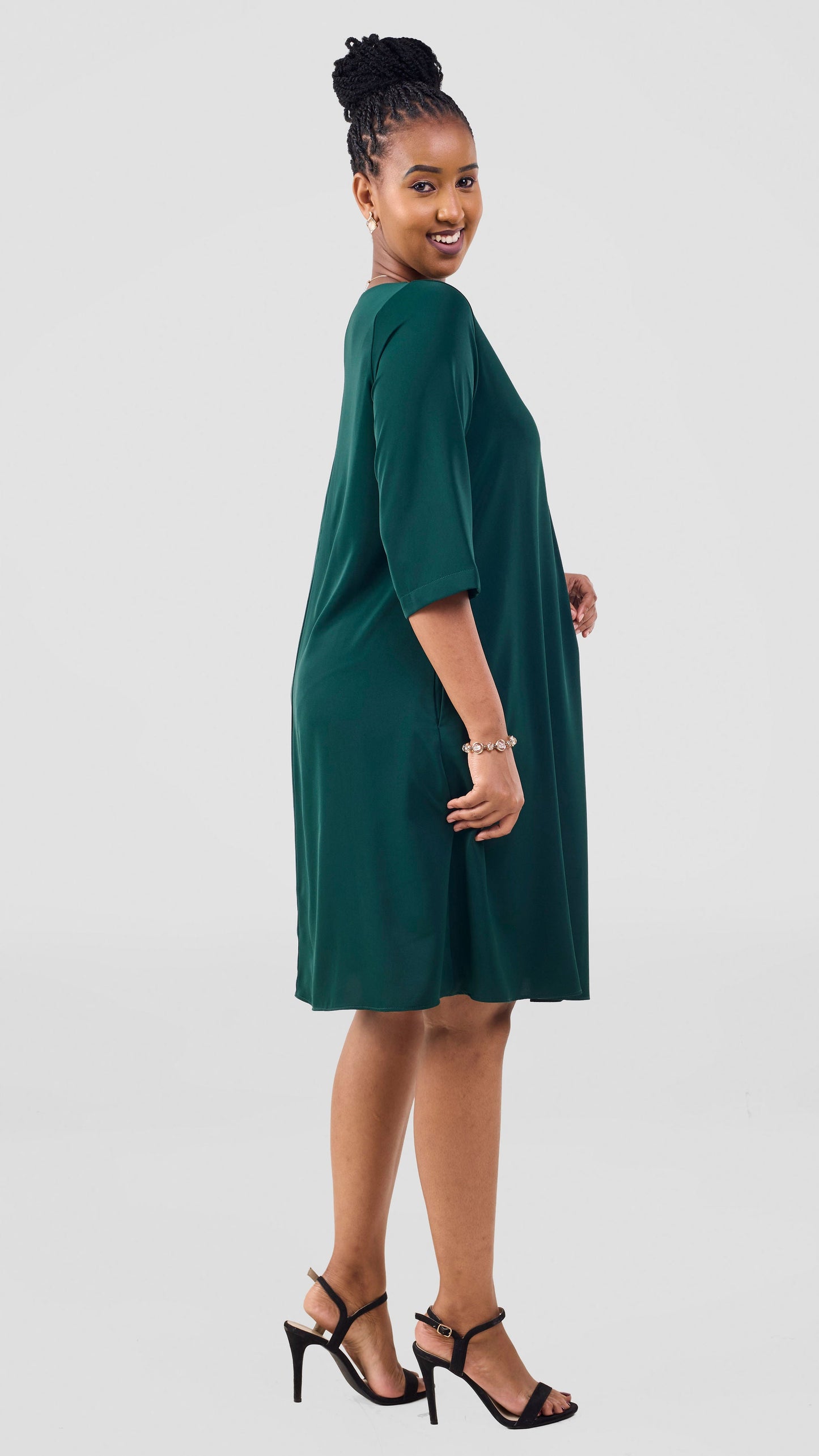 Vivo Kani 3/4 Sleeve Knee Length Dress - Dark Green