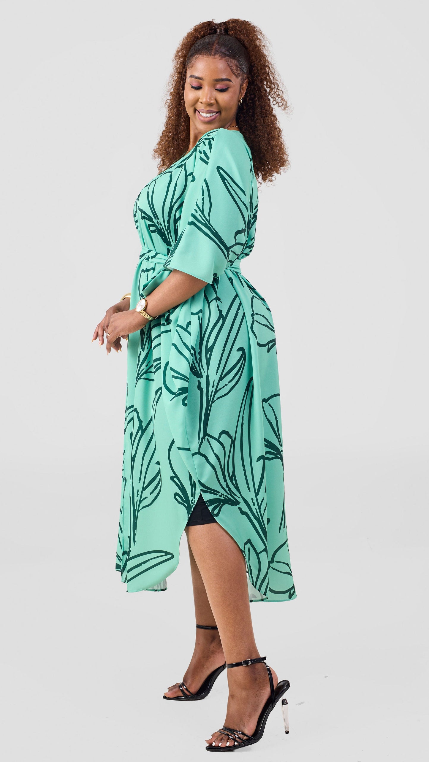 Vivo Basic Open Kaftan - Light Green / Dark Green Print