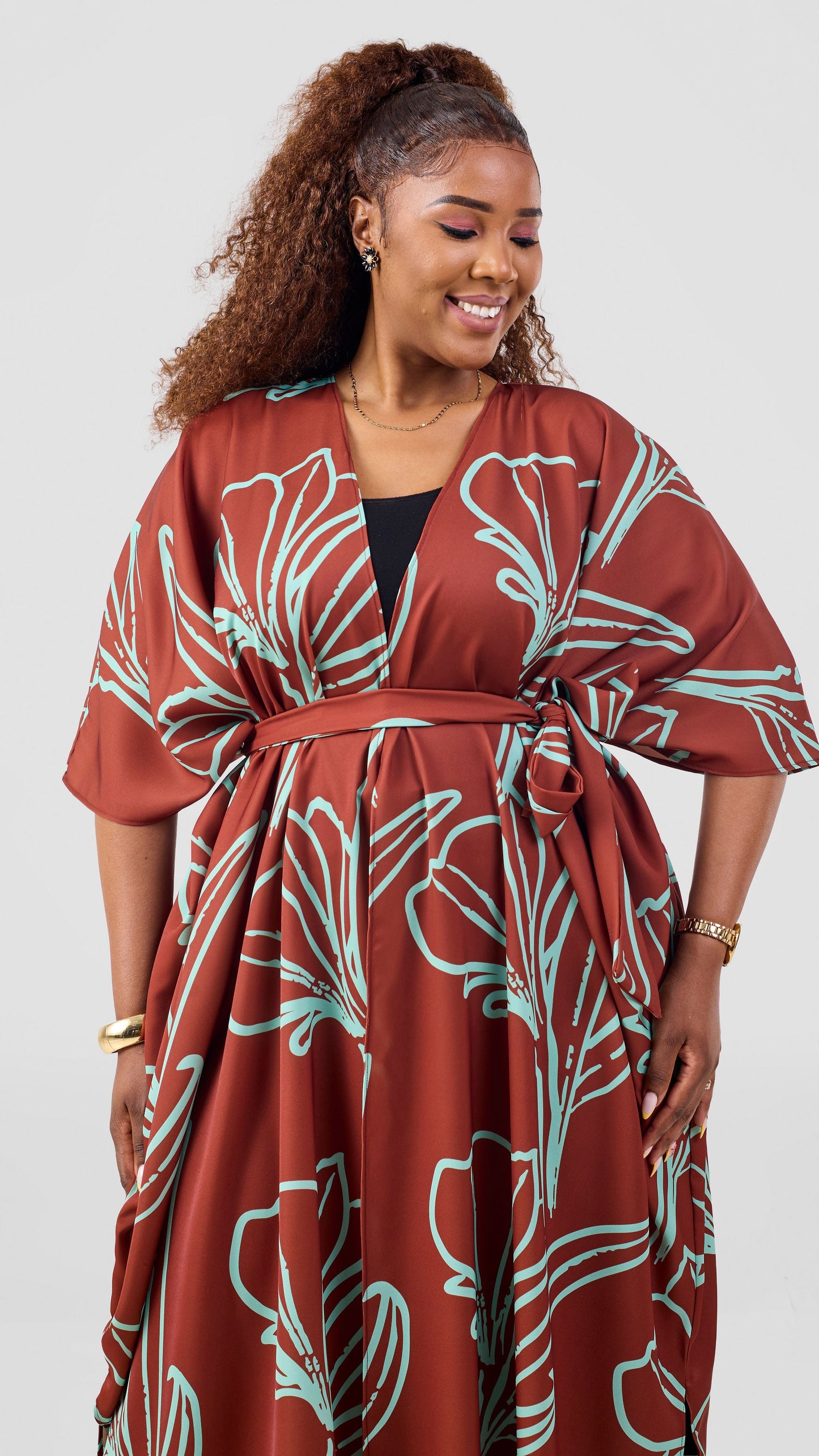 Vivo Basic Open Kaftan - Light Green / Rust Print