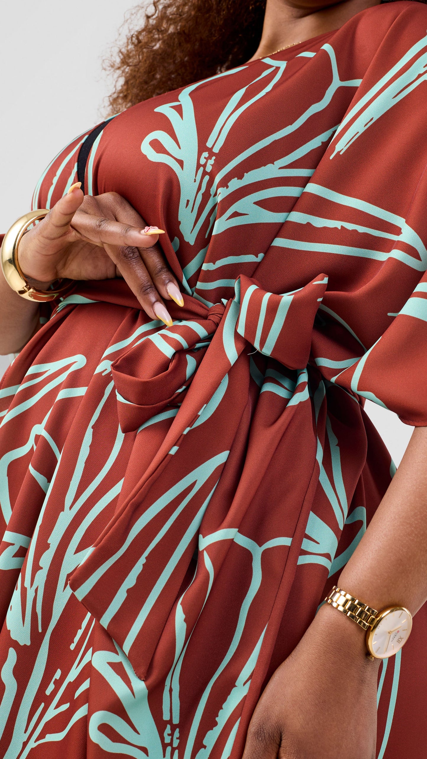Vivo Basic Open Kaftan - Light Green / Rust Print