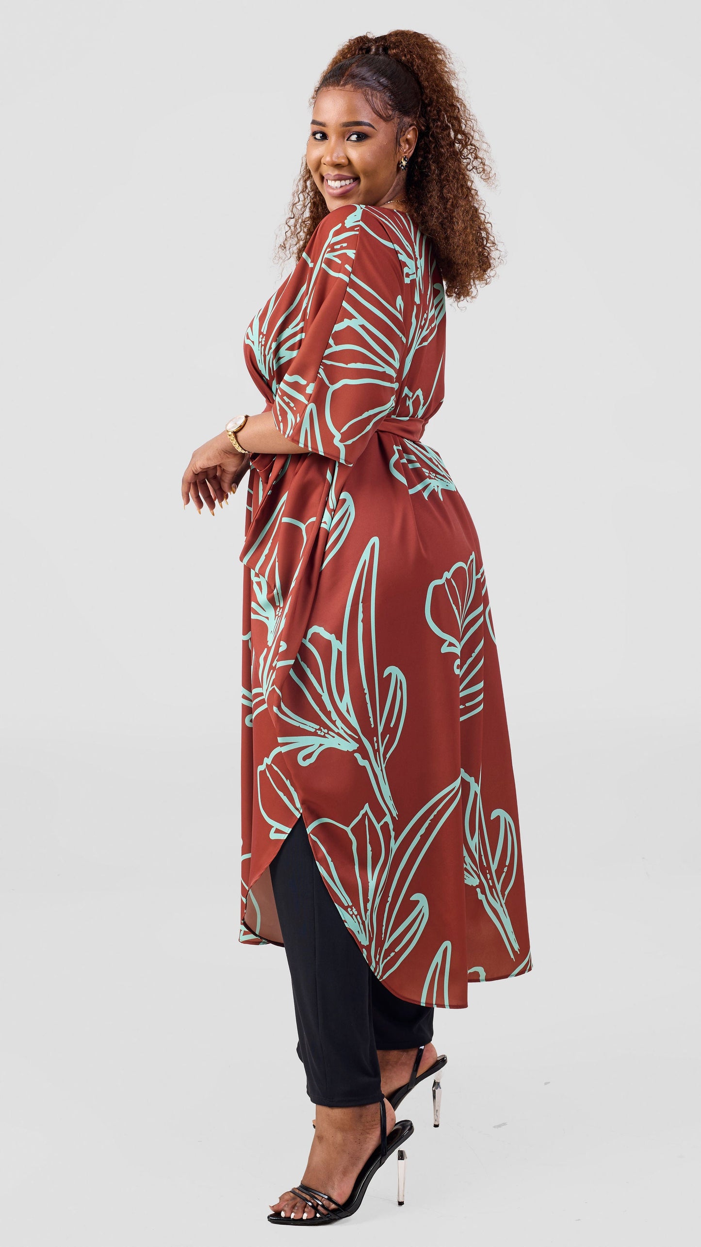 Vivo Basic Open Kaftan - Light Green / Rust Print