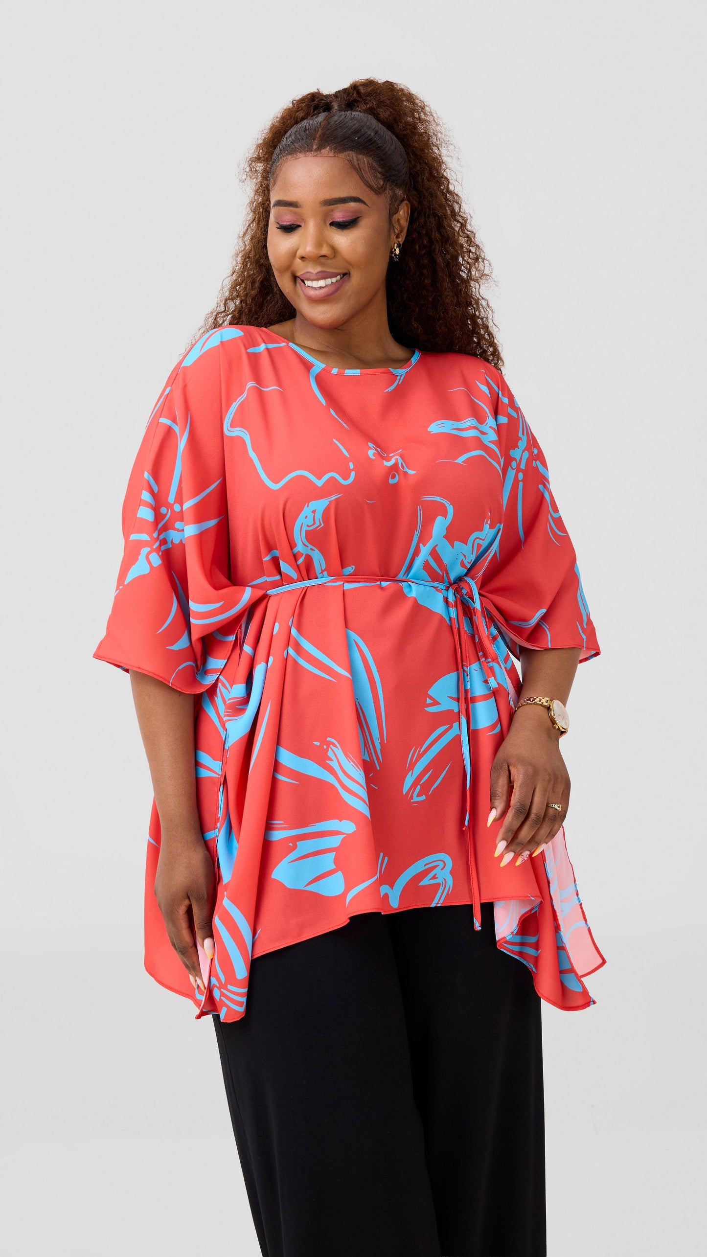 Vivo Basic Chiffon Tie Kaftan Top - Orange / Light Blue Nisa Print
