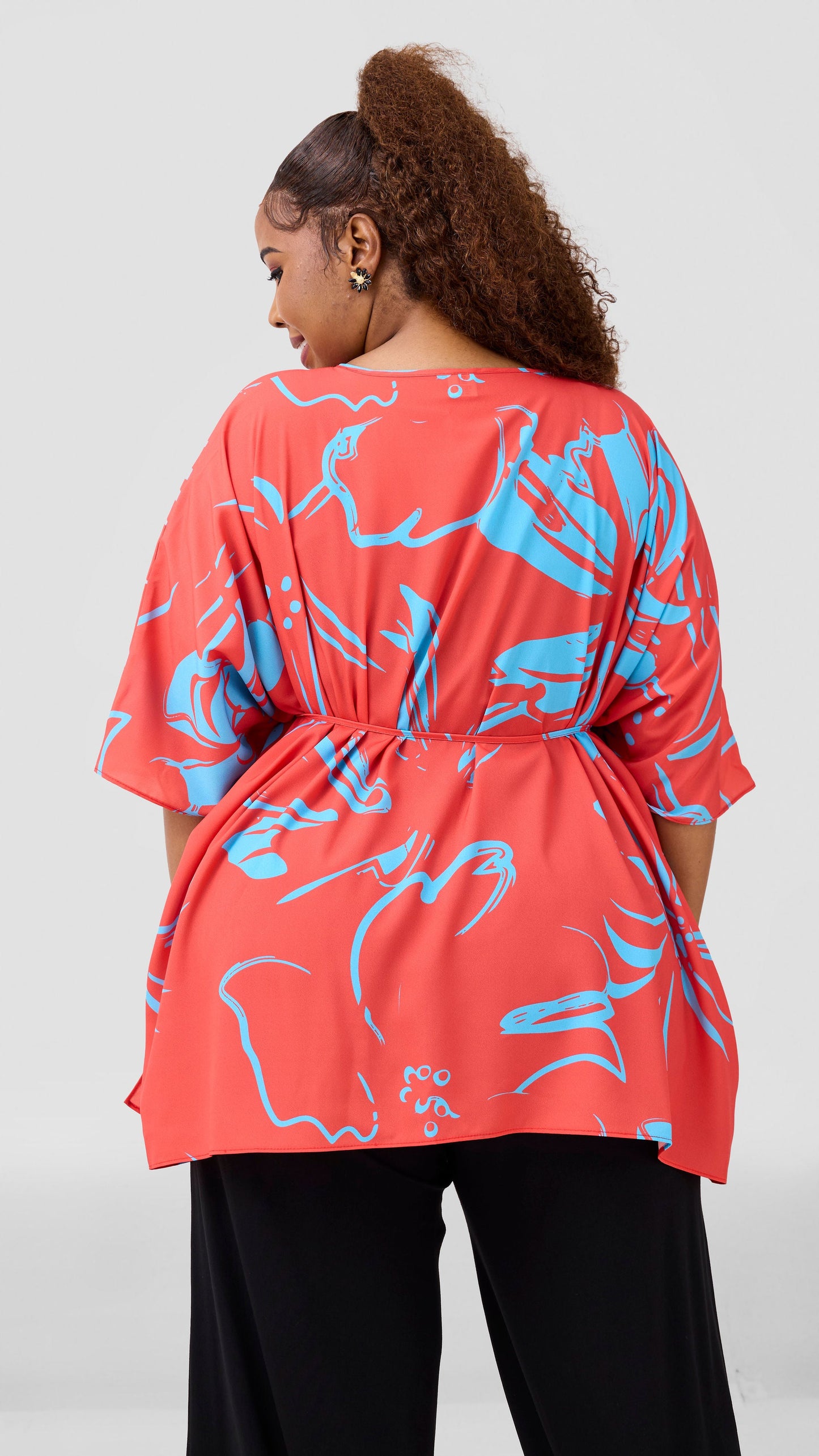 Vivo Basic Chiffon Tie Kaftan Top - Orange / Light Blue Nisa Print