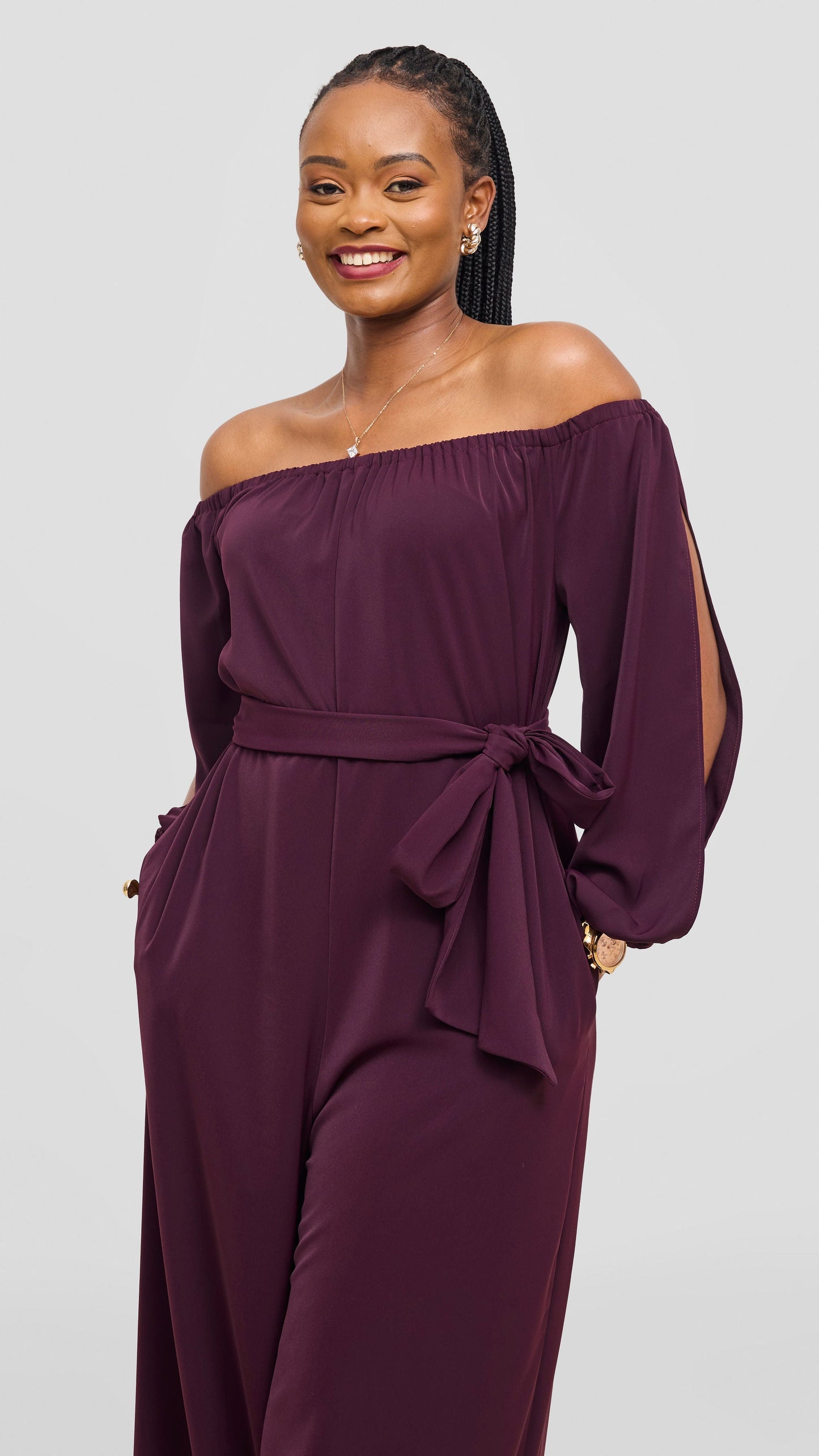 Vivo Yumi Off Shoulder Jumpsuit - Mulberry