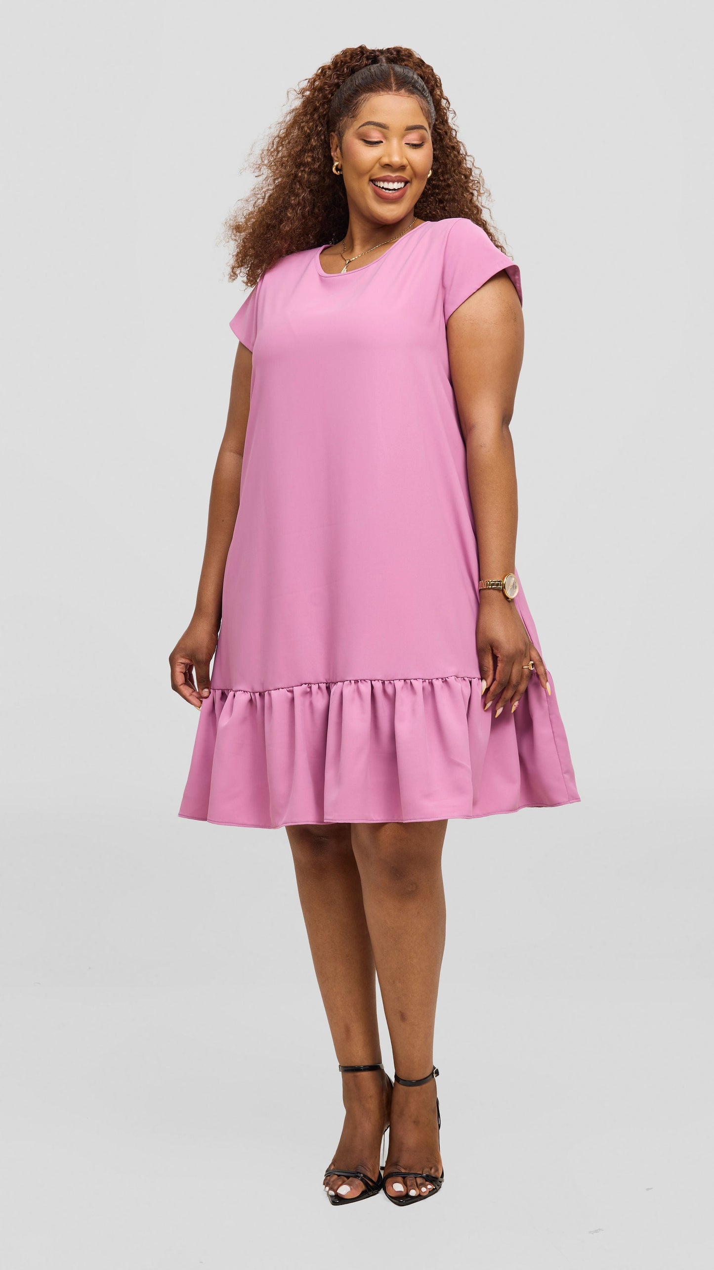 Vivo Dalia Cap Sleeve Gathered Dress - Rose Pink