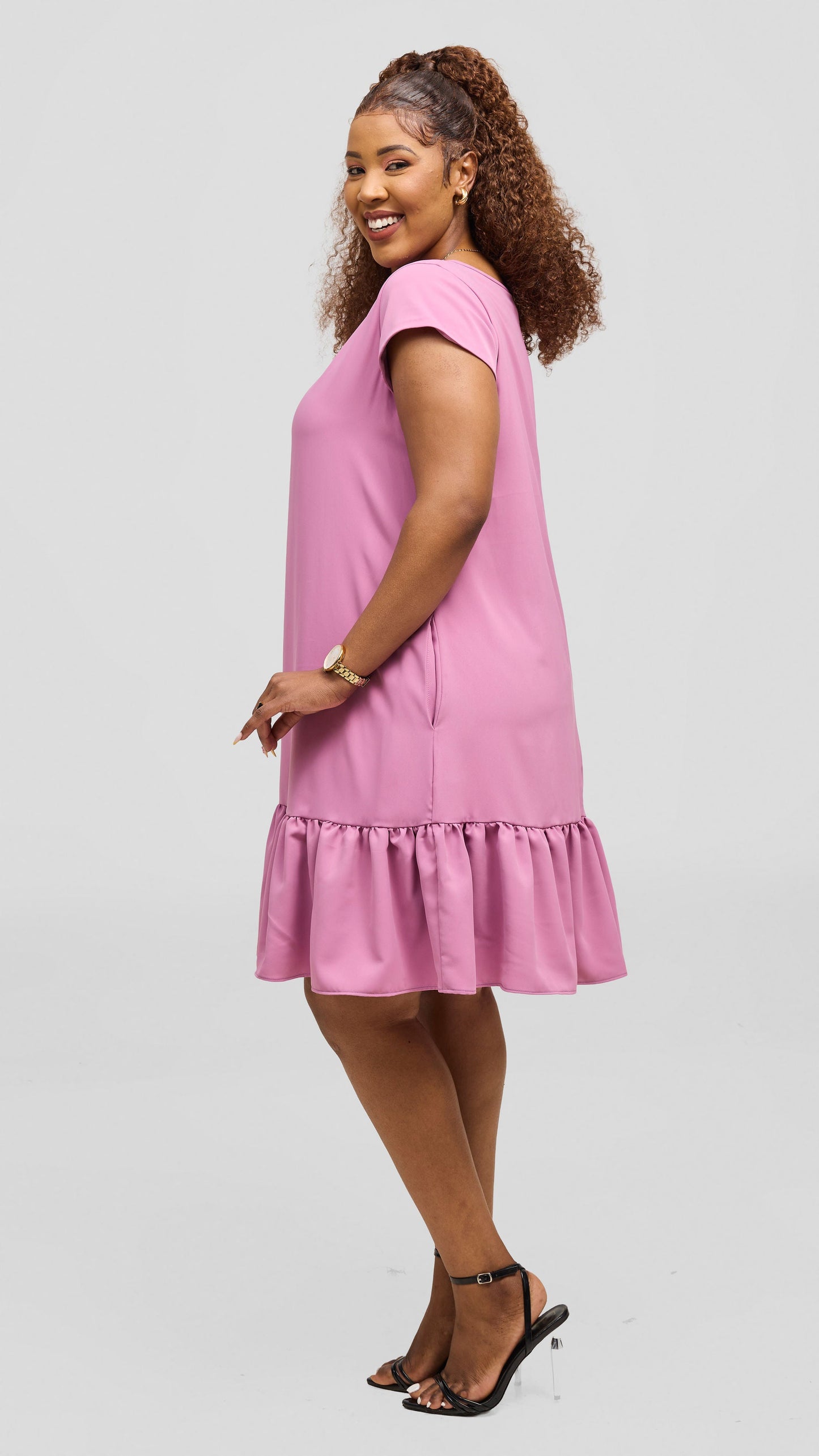 Vivo Dalia Cap Sleeve Gathered Dress - Rose Pink