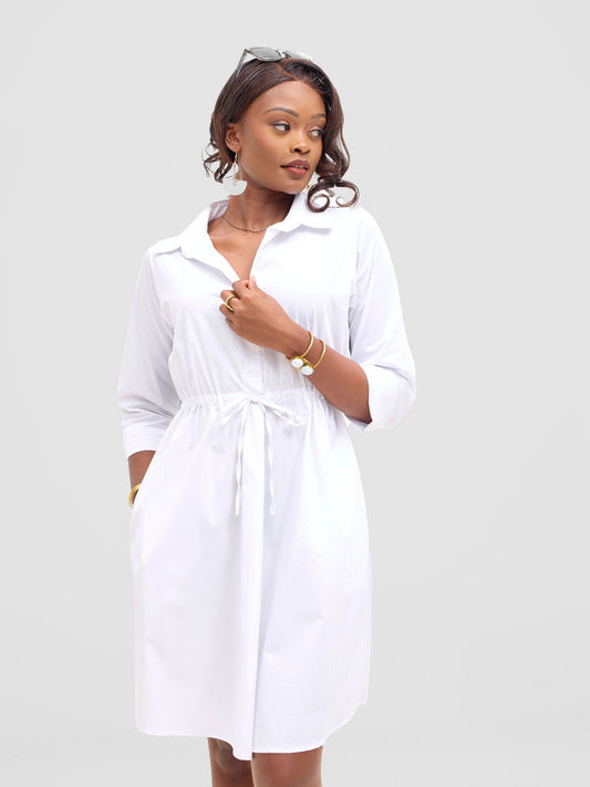 Safari Lira Drawstring Knee Length Dress - White + Elmi Print