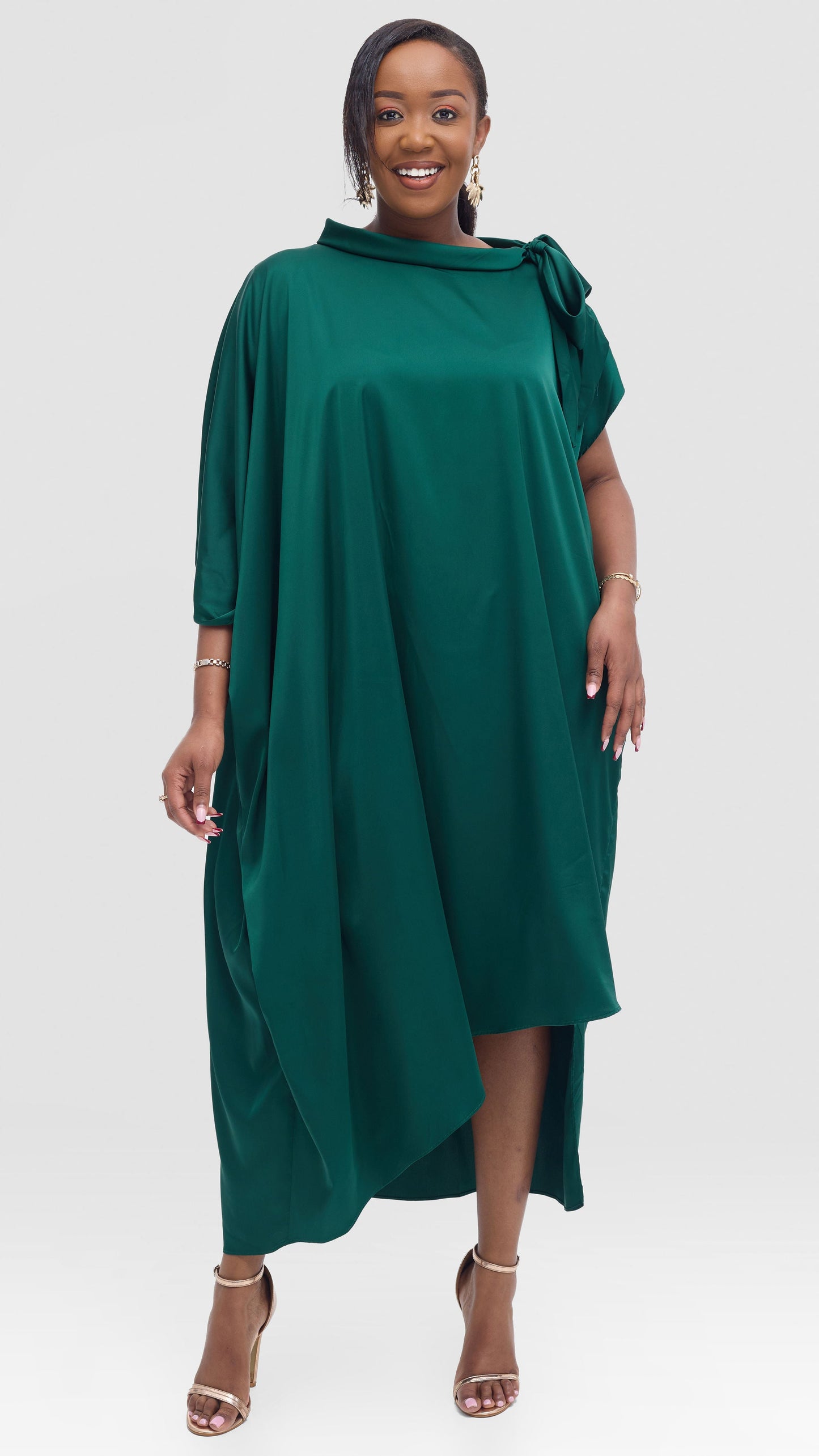 Vivo Takali Asymmetrical Midi Length Kaftan In Satin - Dark Green