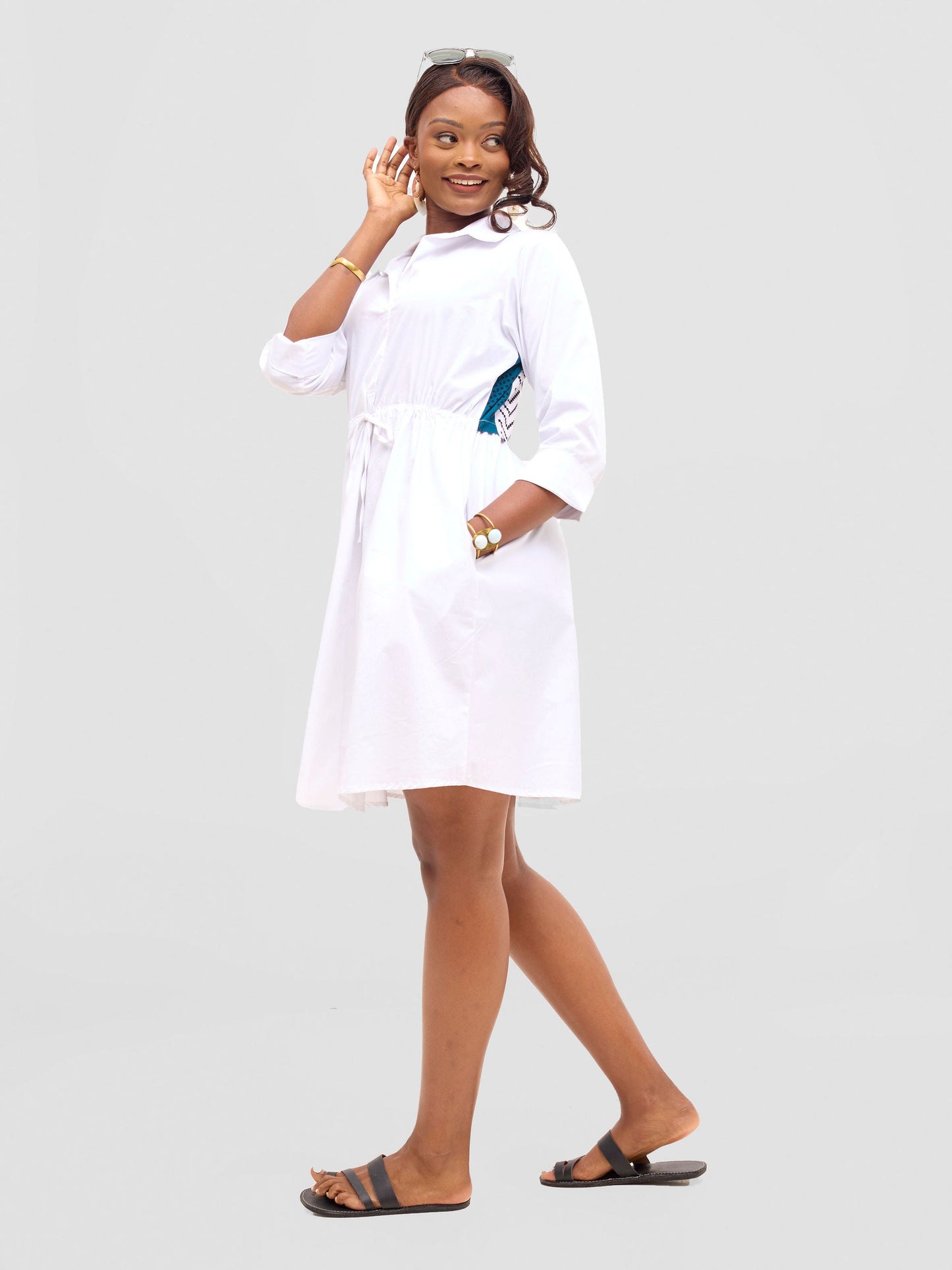 Safari Lira Drawstring Knee Length Dress - White + Elmi Print