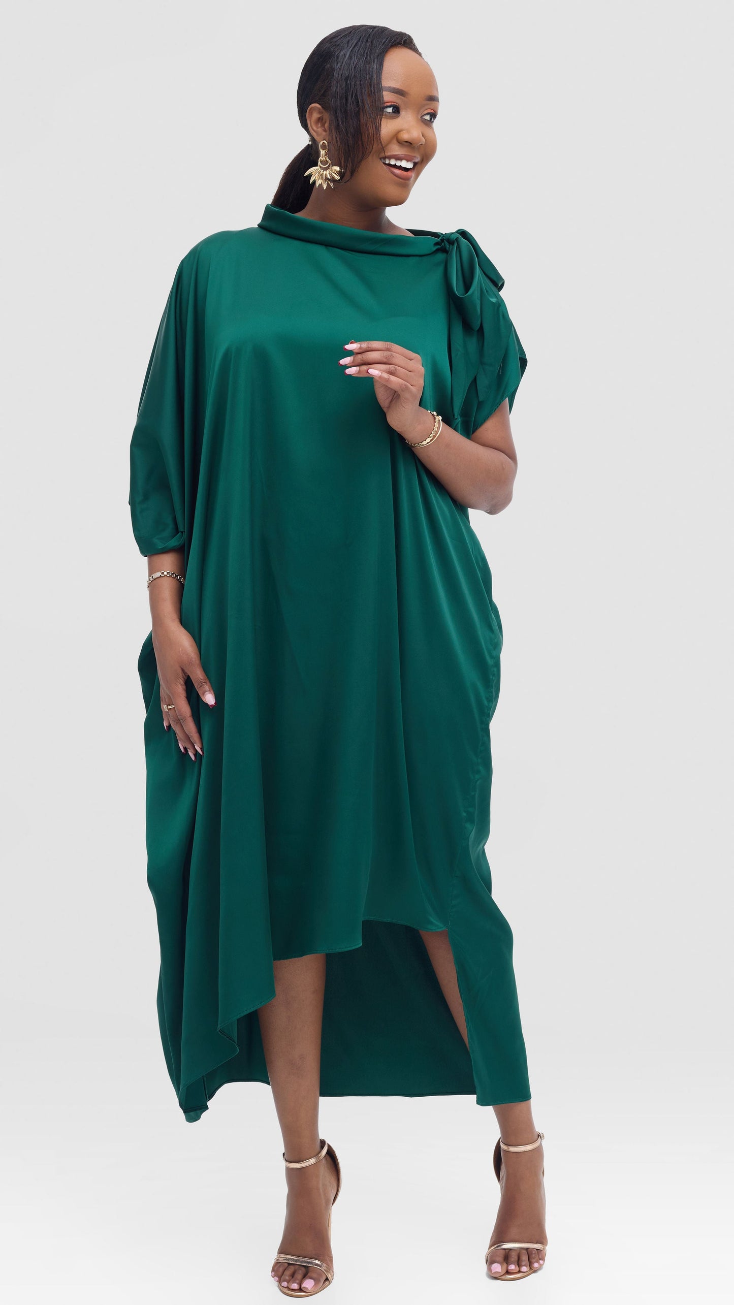 Vivo Takali Asymmetrical Midi Length Kaftan In Satin - Dark Green