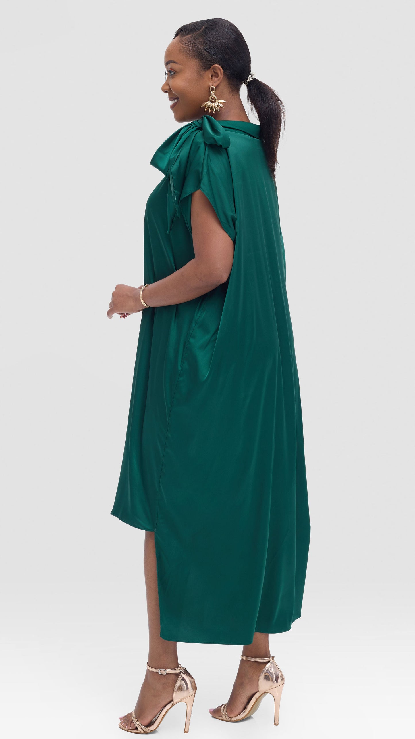 Vivo Takali Asymmetrical Midi Length Kaftan In Satin - Dark Green