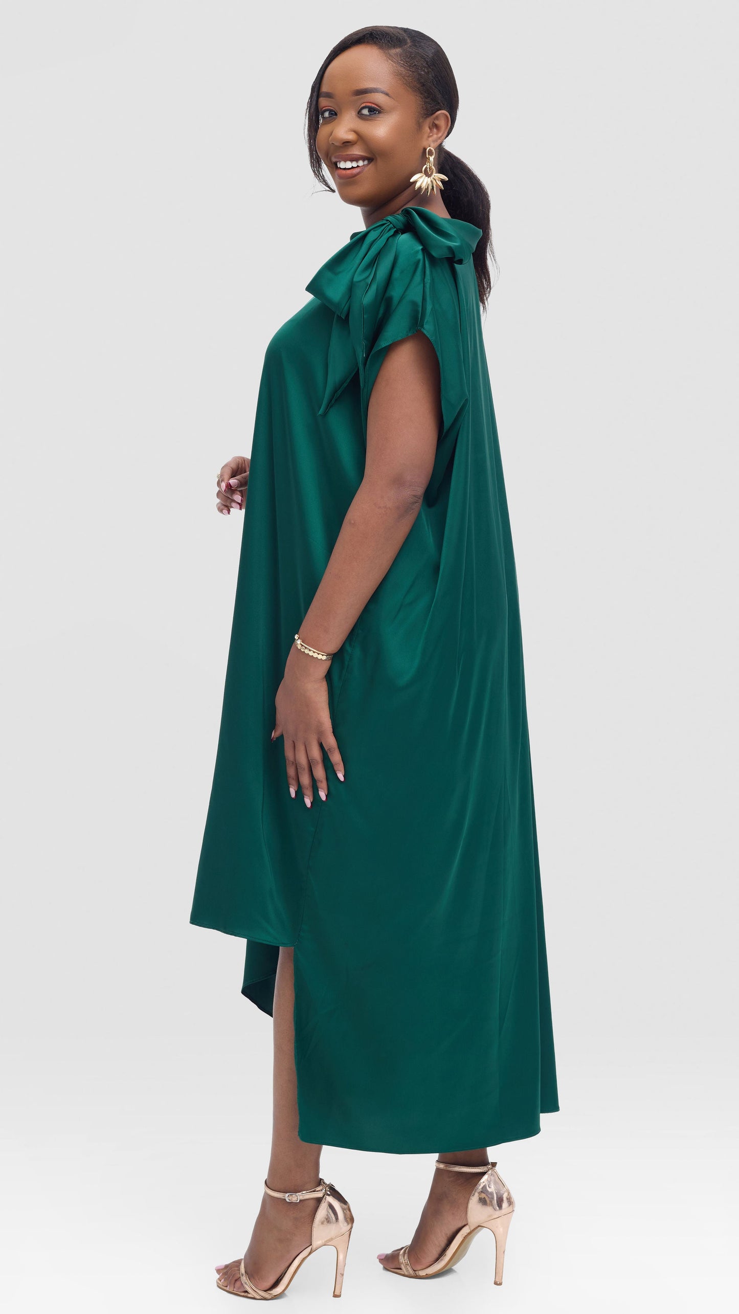 Vivo Takali Asymmetrical Midi Length Kaftan In Satin - Dark Green