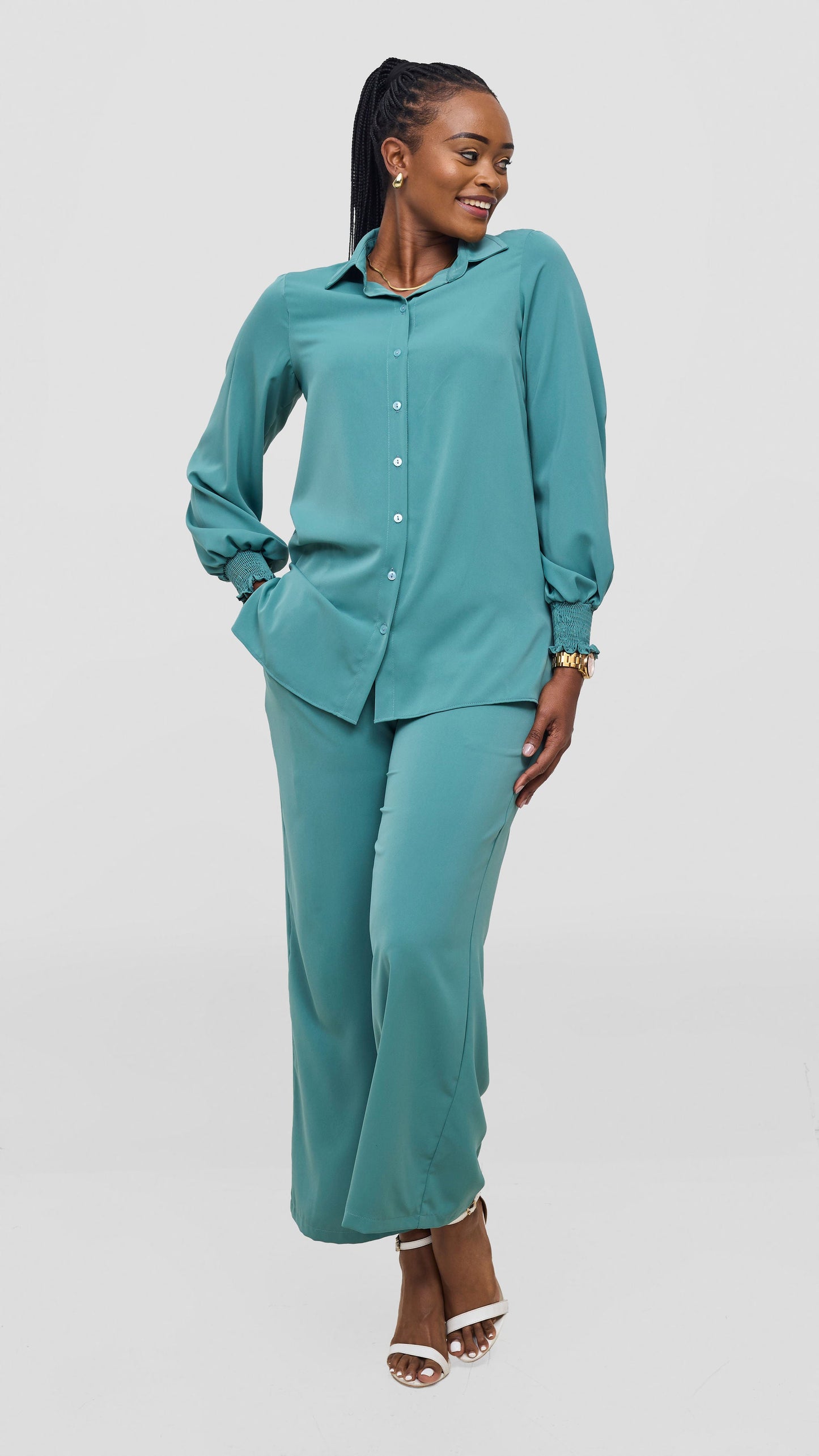 Vivo Wastani Shirred Sleeve Easy Fit Shirt - Dusty Green