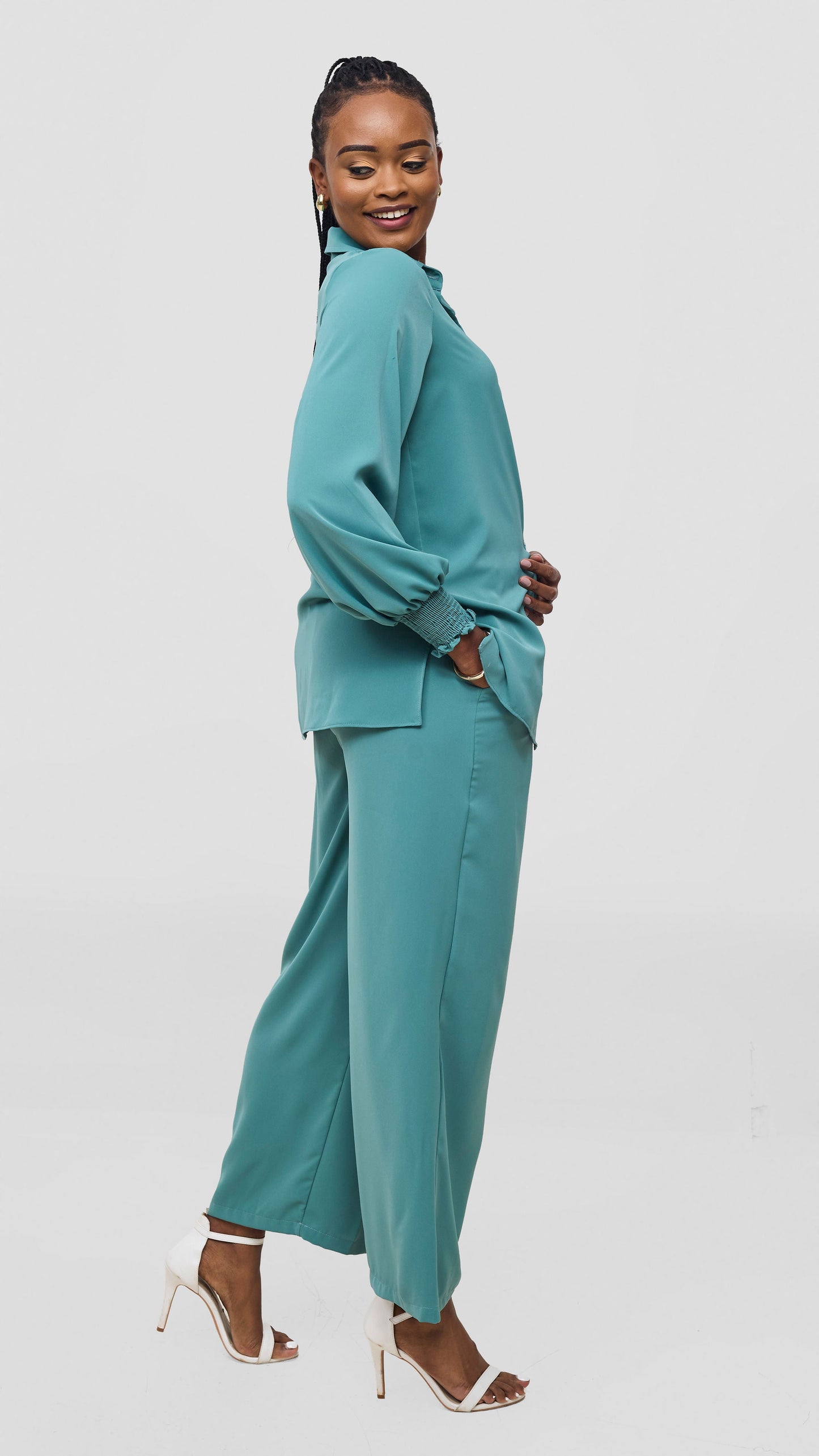 Vivo Wastani Shirred Sleeve Easy Fit Shirt - Dusty Green