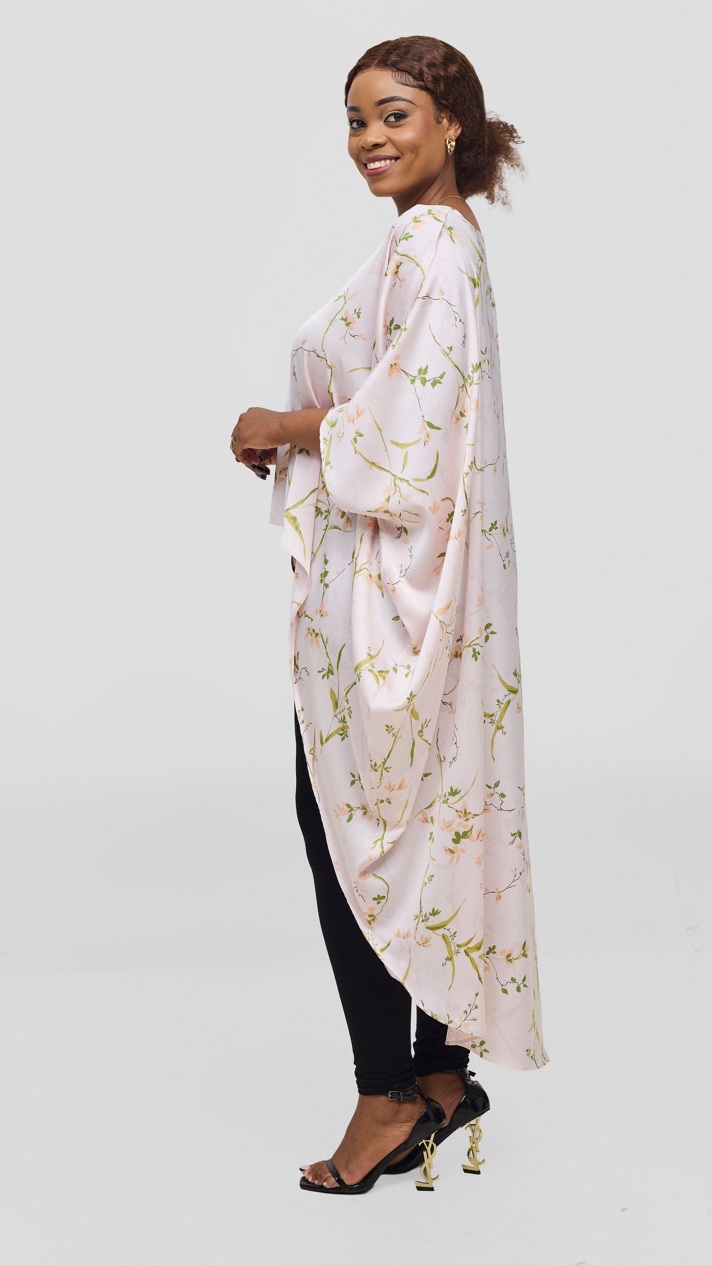 Vivo Hanabi Satin High Low Top - Light Pink / Olive Print