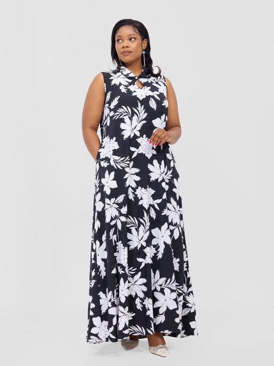 Vivo Asha Sleeveless Maxi Dress - Black Peli Print