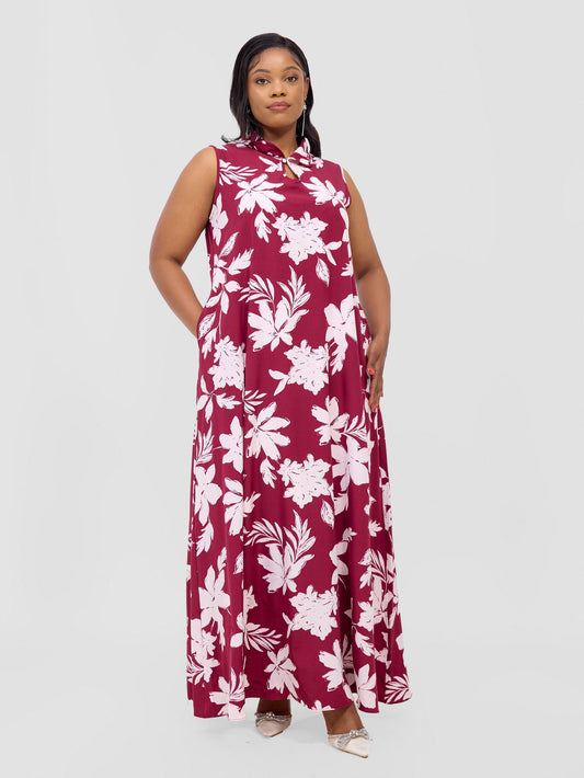 Vivo Asha Sleeveless Maxi Dress - Burgundy Peli Print