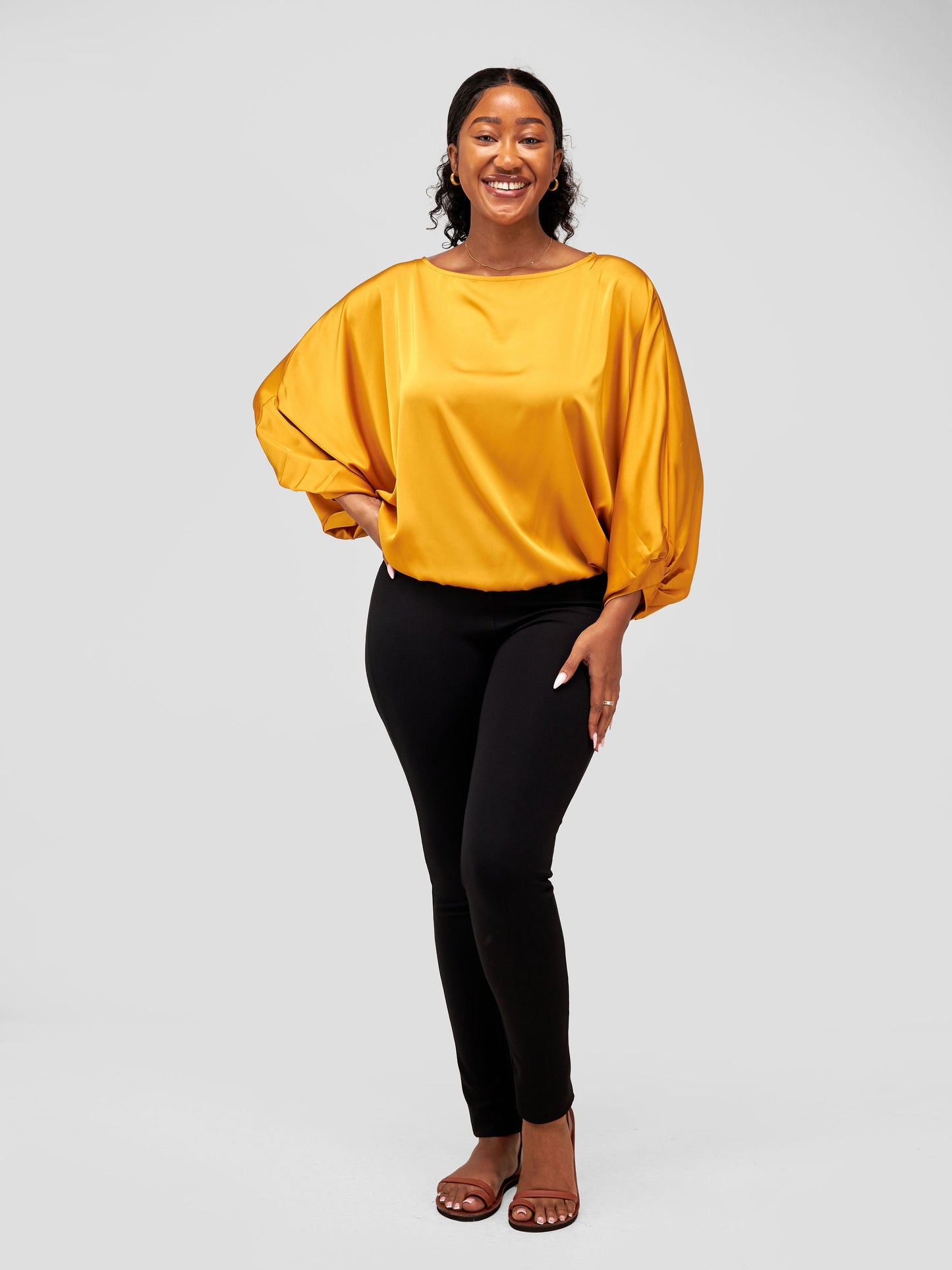 Vivo Sawari Crossed Cuff Batwing Top in Satin - Mustard