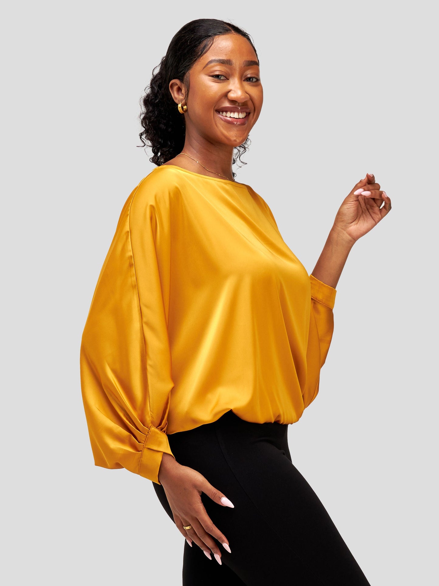 Vivo Sawari Crossed Cuff Batwing Top in Satin - Mustard