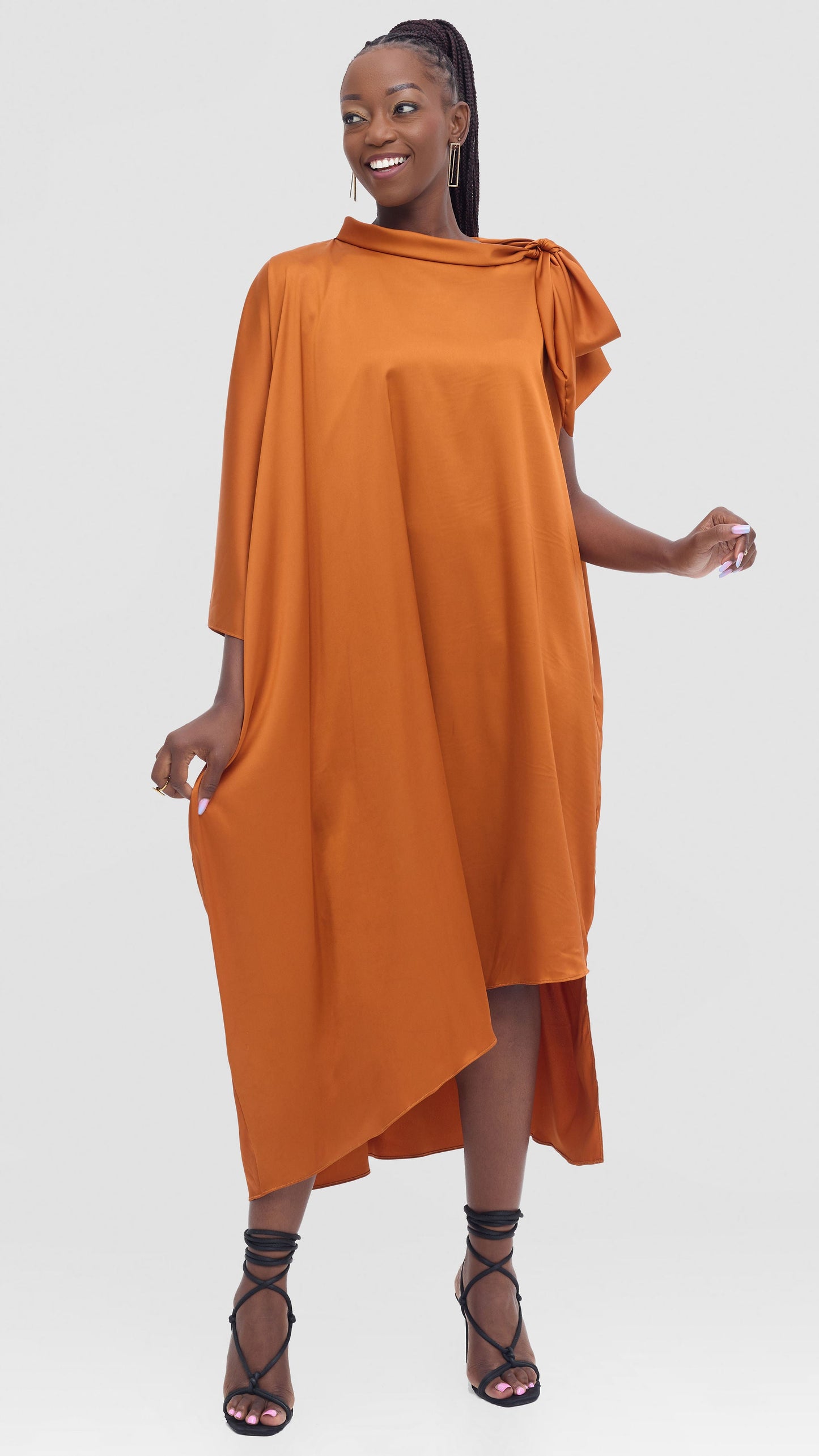 Vivo Takali Asymmetrical Midi Length Kaftan In Satin - Rust